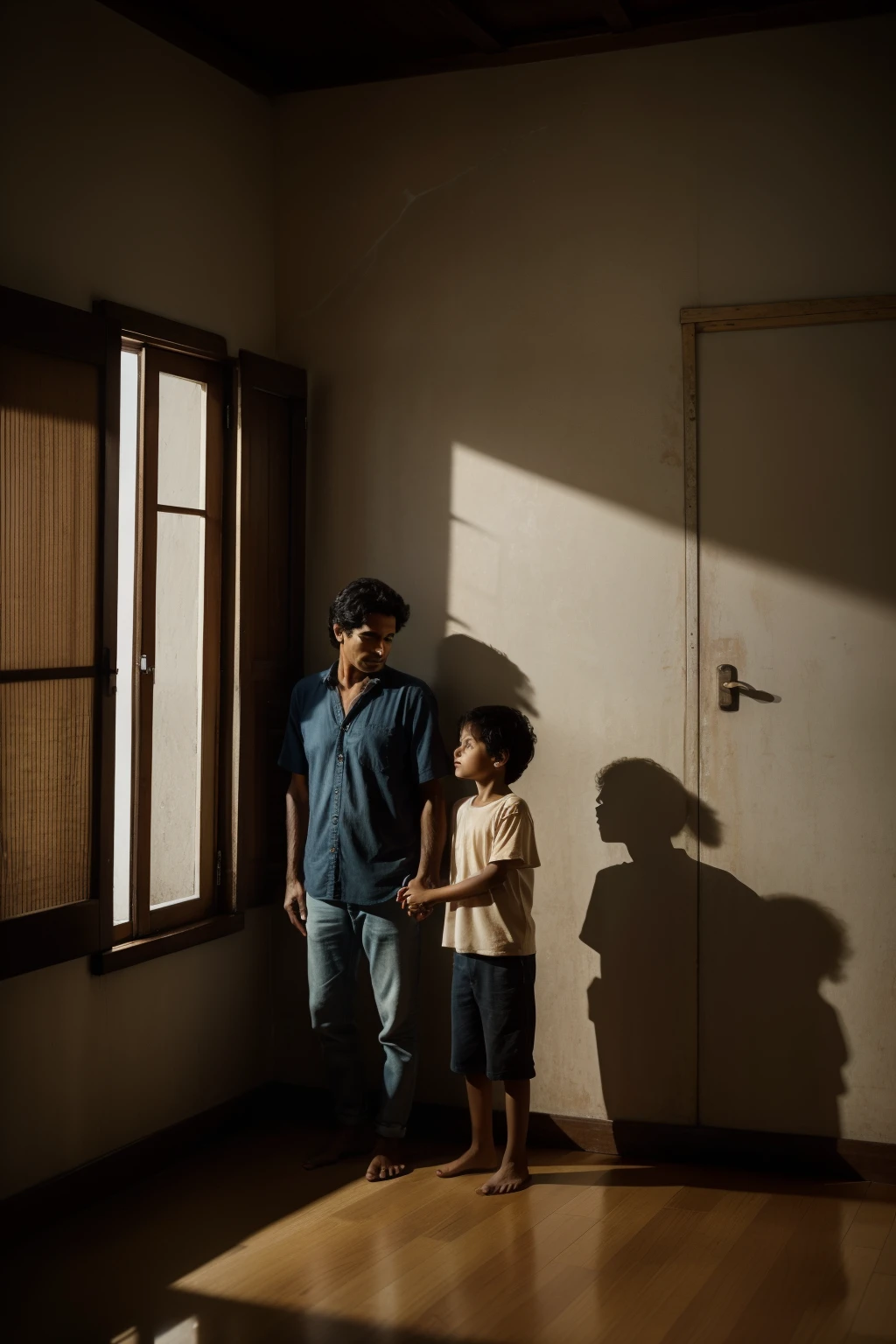 Documentary Photography, Wide Shot (WS) with a Camera. Mauro, a Brazilian man, holding hands with his -year-son J. The image is remarkably detailed, encapsulating profound human emotions in a sincere, wabi-sabi style. Devoid of makeup, capturing naturalness and imperfections, lit by natural light, with momentary shots on Agfa film, and meticulously framed with a Hasselblad camera, reflecting a distinctive photographic style.