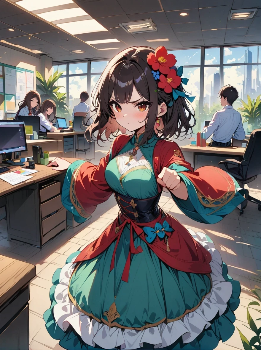 masterpiece, Excellent, (office: 1.8), Ultra-high-detail CG drawings, permanent, 1 Royal sisters, angry, woman with short brown hair, layered dress, hands crossed at waist, Face the audience, illustration, wide angle panorama