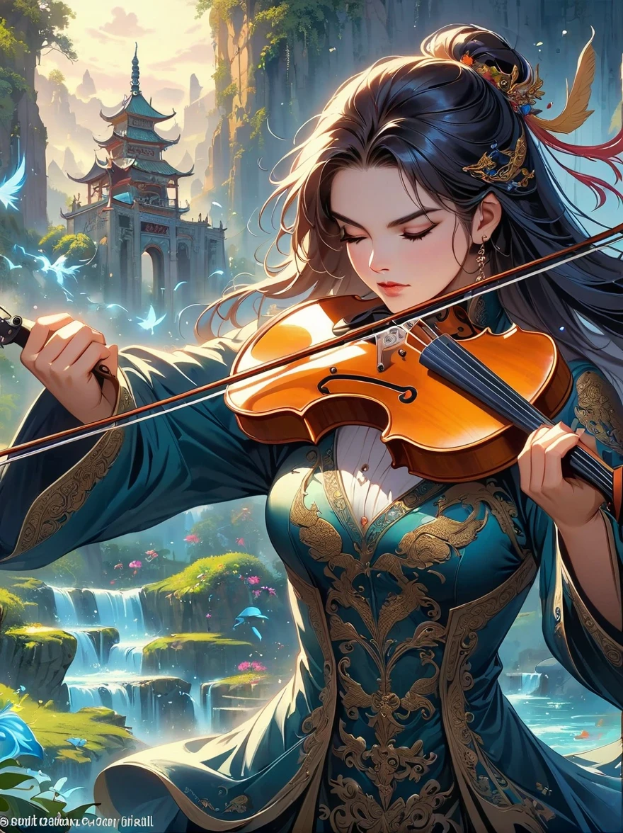 Alafed image of a man playing violin in dark room, fantasy violin, Kerem couplet, Just the art of black metal music, Dark yet detailed digital art, 8 0 Style Thomas Allen Koppella, (fantasy violin), Thomas Allen Koppella and cgociety, dramatic artwork, stefan gesell, by Slawomir Maniak