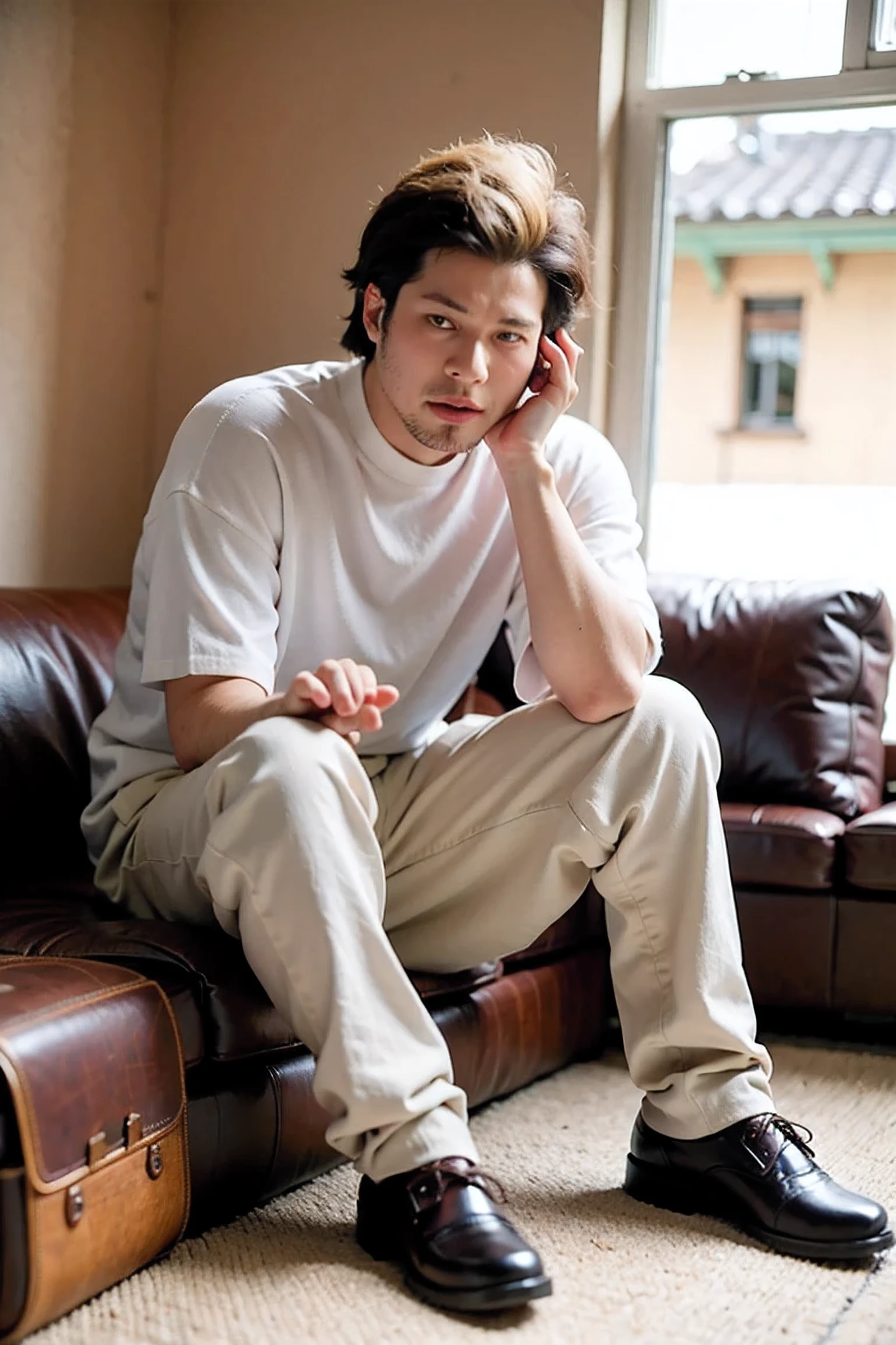 Realistic Photography, Handsome ryuuji_suguro ,Brown loose pants clothing , Sit on the sofa,living room