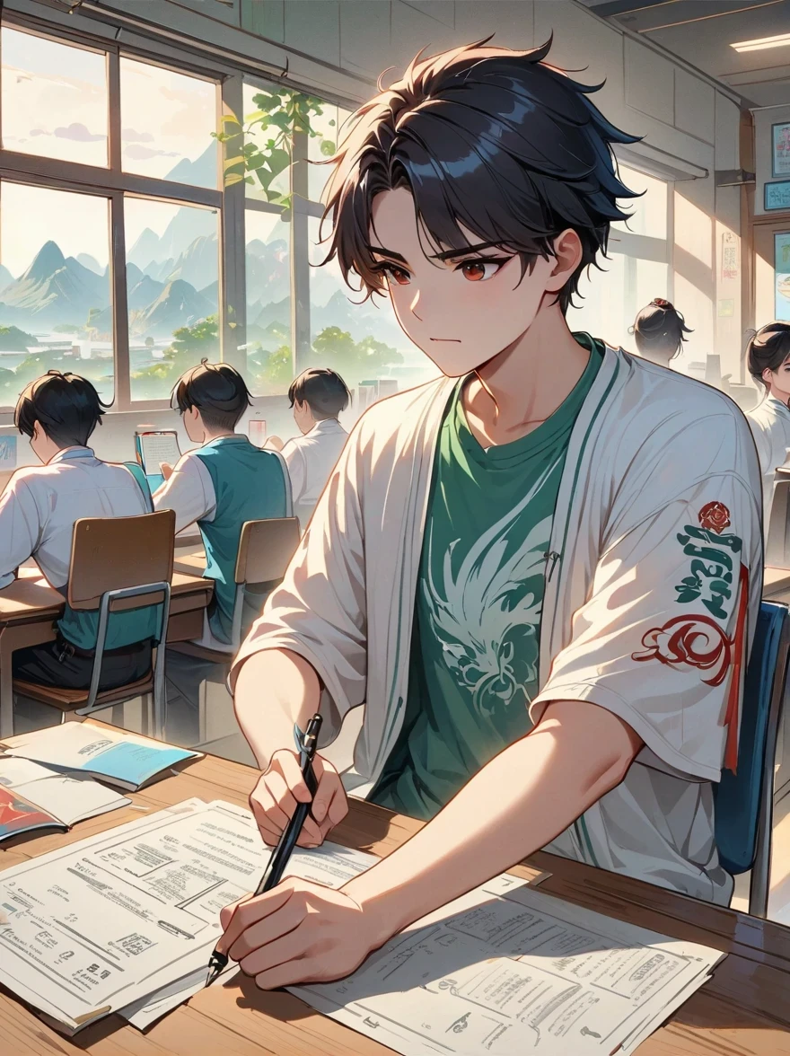 There is a person sitting in the classroom, boys, male classmate, In a classroom on campus, this male classmate is wearing a white T-shirt, short black hair, holding a pen in hand, There are test papers, There are books, Lenses mainly focus on the upper body, Lopf art style ((Xinhai City), CGStation Popular, Xinhaicheng H 2160, Inspired by Bian Shoumin, Xinhaicheng, plan, gourwitz style, High quality pictures, 4K, 8K, solve,