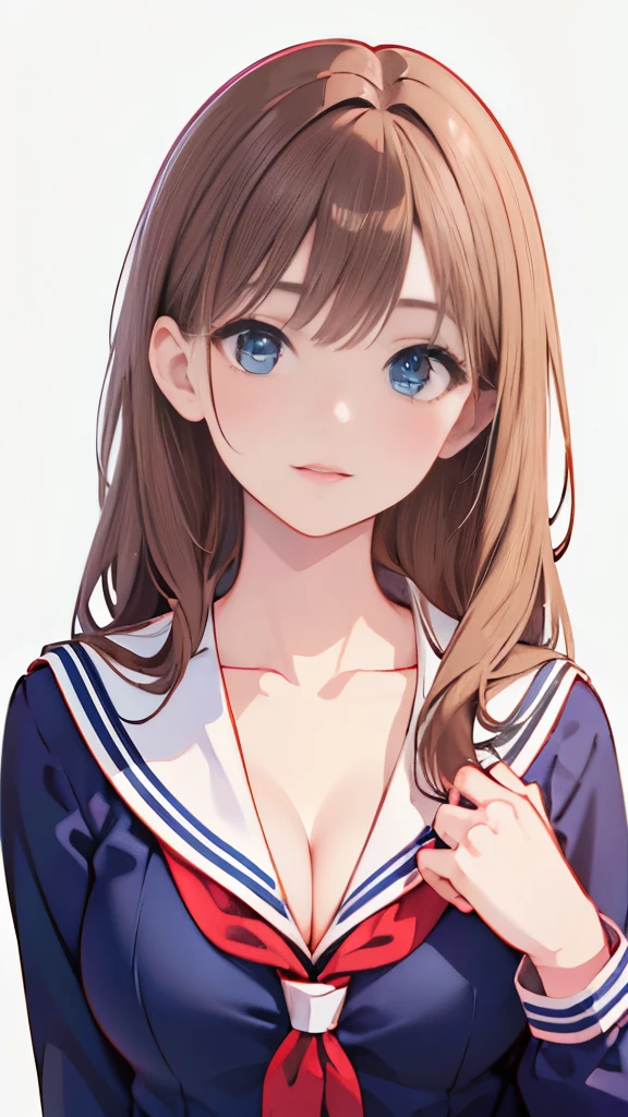(highest quality, 8K, 32k, masterpiece, nffsw:1.2), (RAW photo), (realistic), (Photoreal:1.2), (High resolution), Super detailedな, very beautiful face and eyes, 1 girl, round and small face, big breasts thin waist、(((small breasts)))、(((white wall background)))、slim proportions, (school uniform, sailor suit、白いsailor suit, dark blue pleated skirt:1.23), (bust shot)、(((redhead)))、((半袖sailor suit))、(Close-up、highest quality、high detail、Rich skin details、nffsw)、(highest quality, 8K, table top:1.2), Super detailed, (realistic, realistic:1.37), (((full body shot)))、Bright colors, (((Hold your hands)))、(((sexy atmosphere)))、(((20 year old woman)))、((Bust isDcup))、(((light brown hair)))、(((white background)))、(((cleavage)))、(((girly hairstyle)))、(((long hair)))、(((in front of a white wall)))、(((light brown hair)))、(((I put my hand on my cheek)))、(((he has an evil smile on his face)))、(((The girth of the chest is 85 cm)))、(((small breasts mischievous expression)))