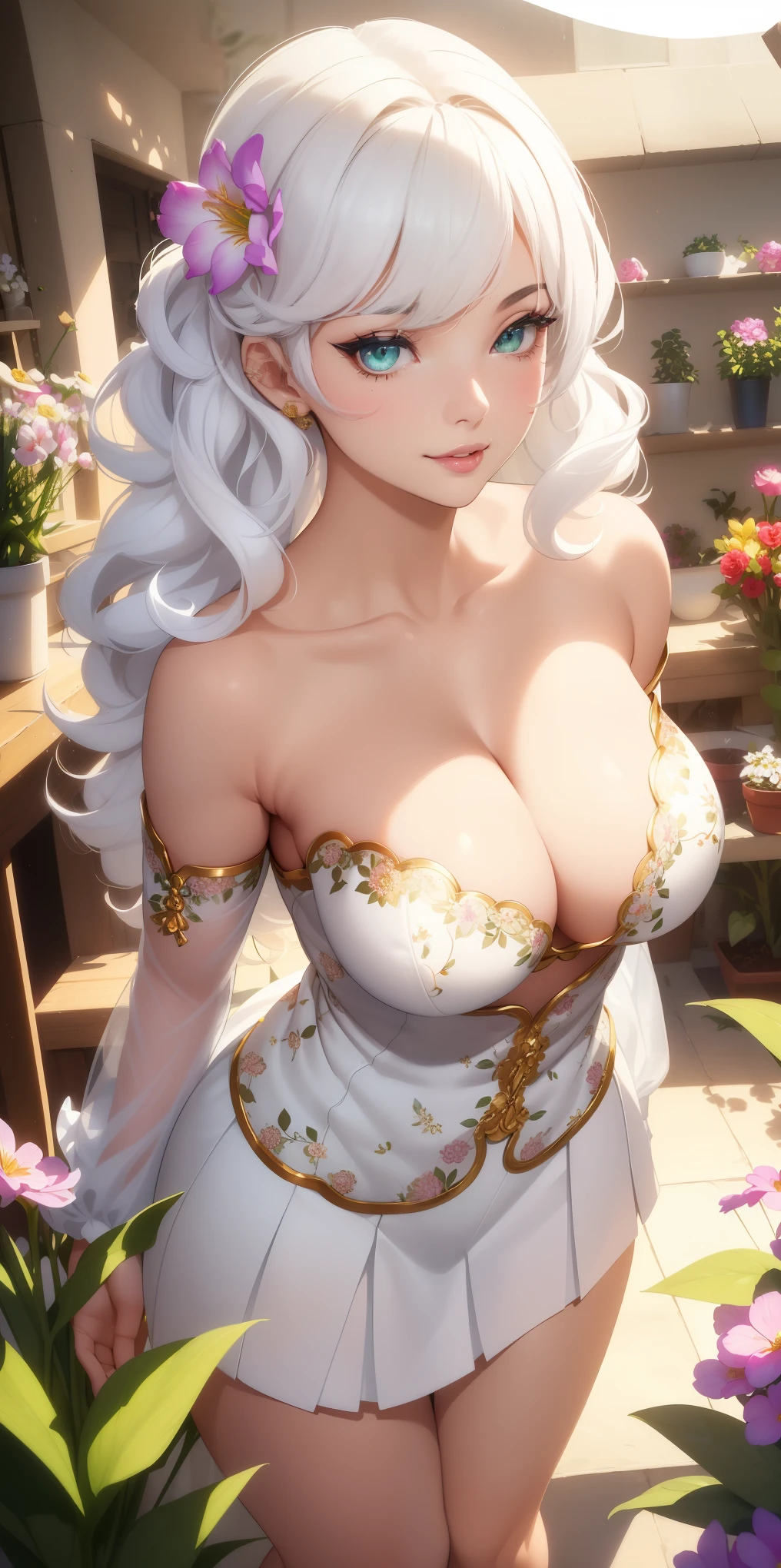 Very beautiful 30 years old, the most beautiful woman in the world, small breasts, ((natural style curly white hair, voluminous side bangs)), double eyelids, light green eyes, detailed eyes, hyper detailed, light eye effect, detailed iris, shade, Thick Eyelashes, with incredible breasts and perfect waist, and a beautiful feminine body, ((flower print strapless blouse, puffed sleeves, beautiful medium skirt, Cute gesture, cool clothes, detailed outer background, stylish and cool) ), perfect breasts, beautiful makeup, cleavage, (((art:1.2, Maximum quality:1.2, Perfect Lighting, masterpiece, hyper detailed, best quality, 16k, effect of light and shadow on the skin, vivid colors)), eyeliner, passionate expression, perfect lips, innocent and sexy face, shy smile, ((skin with light and shadow)), beautifully seductive, she is beautiful, curvy but slender body, perfect eyes, perfect face, sexy and cute pose, flirting with the viewer, in variable sensual pose, in a flower shop with various flowers beautiful cute, beautifully seductive, full body photo