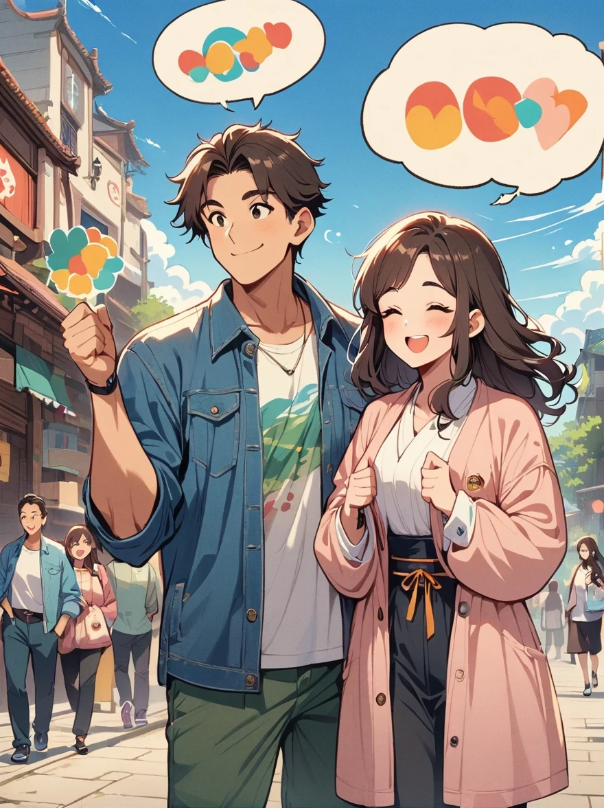 masterpiece, Japanese cartoons, best quality, 2other, couple, Mature, aldult, height difference, different fashion, different color, Casual Wear, long sleeve, Smile, happy, like, whirlwind, blue sky, Long-haired man, light brown hair man, dark haired woman, dark haired woman