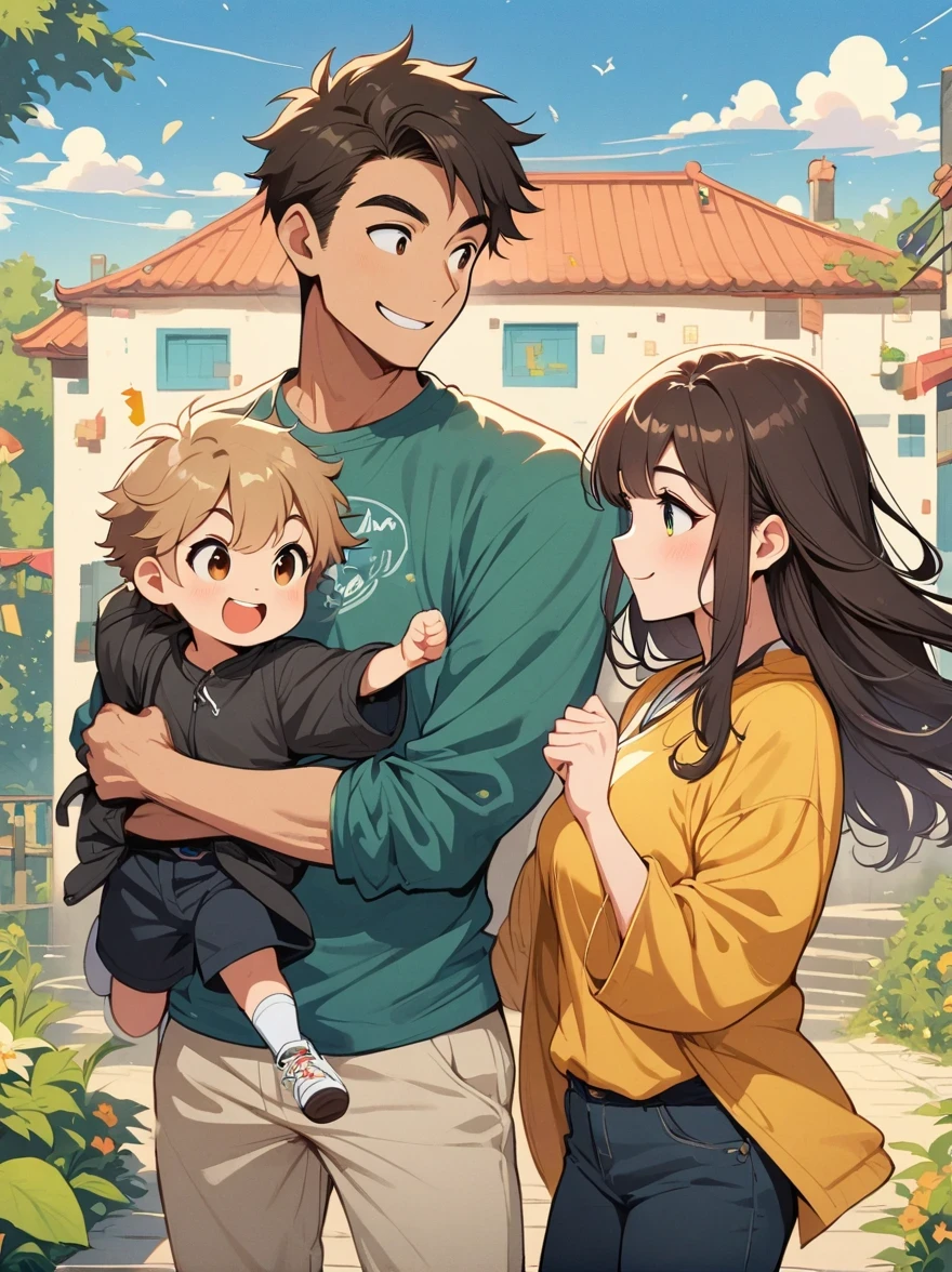 masterpiece, Japanese cartoons, best quality, 2other, couple, Mature, aldult, height difference, different fashion, different color, Casual Wear, long sleeve, Smile, happy, like, whirlwind, blue sky, Long-haired man, light brown hair man, dark haired woman, dark haired woman