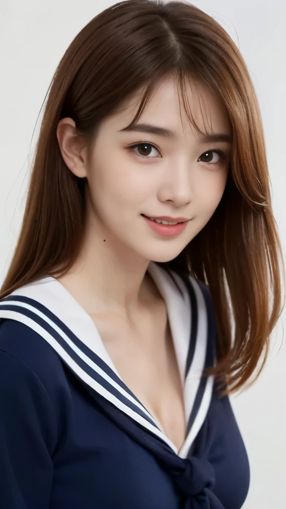 (highest quality, 8K, 32k, masterpiece, nffsw:1.2), (RAW photo), (realistic), (Photoreal:1.2), (High resolution), Super detailedな, very beautiful face and eyes, 1 girl,  round and small face, big breasts thin waist、(((small breasts)))、(((white wall background)))、slim proportions, (school uniform, sailor suit、白いsailor suit, dark blue pleated skirt:1.23), (bust shot)、(((redhead)))、((半袖sailor suit))、(Close-up、highest quality、high detail、Rich skin details、nffsw)、(highest quality, 8K,  table top:1.2), Super detailed, (realistic, realistic:1.37), (((full body shot)))、Bright colors, (((Hold your hands)))、(((sexy atmosphere)))、(((20 year old woman)))、((Bust isＤcup))、(((light brown hair)))、(((white background)))、(((cleavage)))、(((girly hairstyle)))、(((long hair)))、(((in front of a white wall)))、(((light brown hair)))、(((I put my hand on my cheek)))、(((he has an evil smile on his face)))、(((The girth of the chest is 85 cm)))、(((small breasts mischievous expression)))