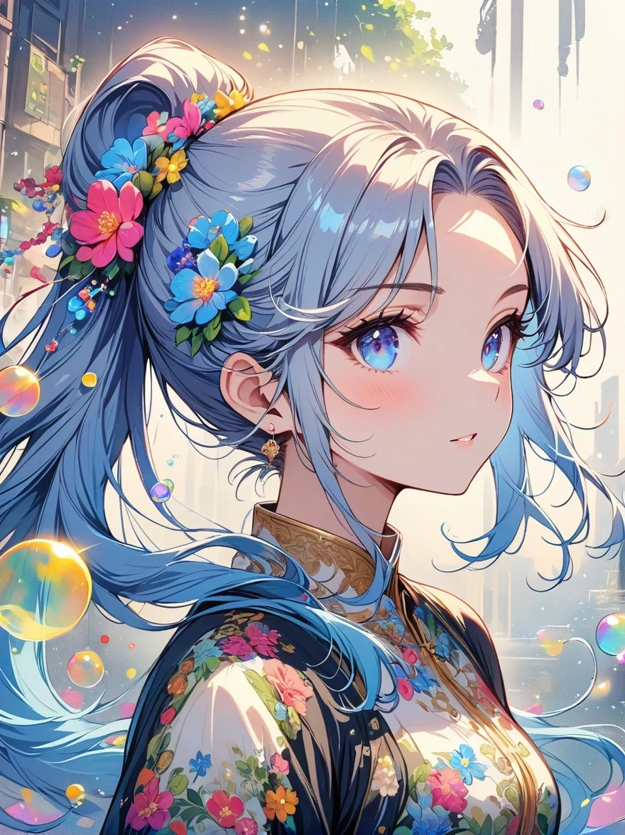 (masterpiece), (best quality), (Super detailed),(disheveled hair),(illustration), (1 girl), (fashion clothing), permanent, fashion model, looking at the audience, (interview), (Simple background),Beautiful and delicate eyes, Exquisite and beautiful face, floating,(high saturation),(colorful splash),Colorful bubbles,(shining), focus on face, ponytail, Ayaka Uesou, light blue hair, Bangs, hair ring, floating flowers, floating hair, (shining), best lighting, best shadow,