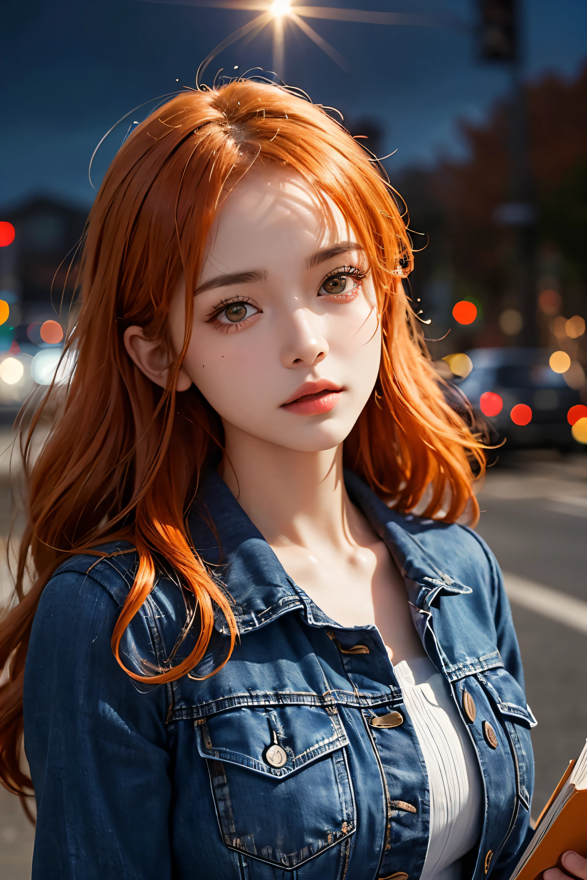 lifelike, High resolution, soft light,1 woman, (Detailed face), denim jacket，Hold a book in hand，wear glasses，sharp vision, noble and inviolable temperament, (([woman]: 1.2 + [beauty]: 1.2 + long orange hair: 1.2)), Bright Eyes, Purple tone pattern，Purple light and shadow，（standing on the street），clear beauty, woman, 20 years old，((Autumnal) )，beauty delicate eyes, Good 8KCG wallpaper, official art， Super detailed， masterpiece， best quality， Detailed face，expression of stoicism，dynamic poses，meteor，starry sky，Milky Way，（original photo，best quality），（realistically，Real shot：1.3），best quality，Very detailed，masterpiece，Super detailed，whole body，dynamic angle，world masterpiece theater，messy_long_hair，best quality，Astonishing，movie lighting，lens_flare，
