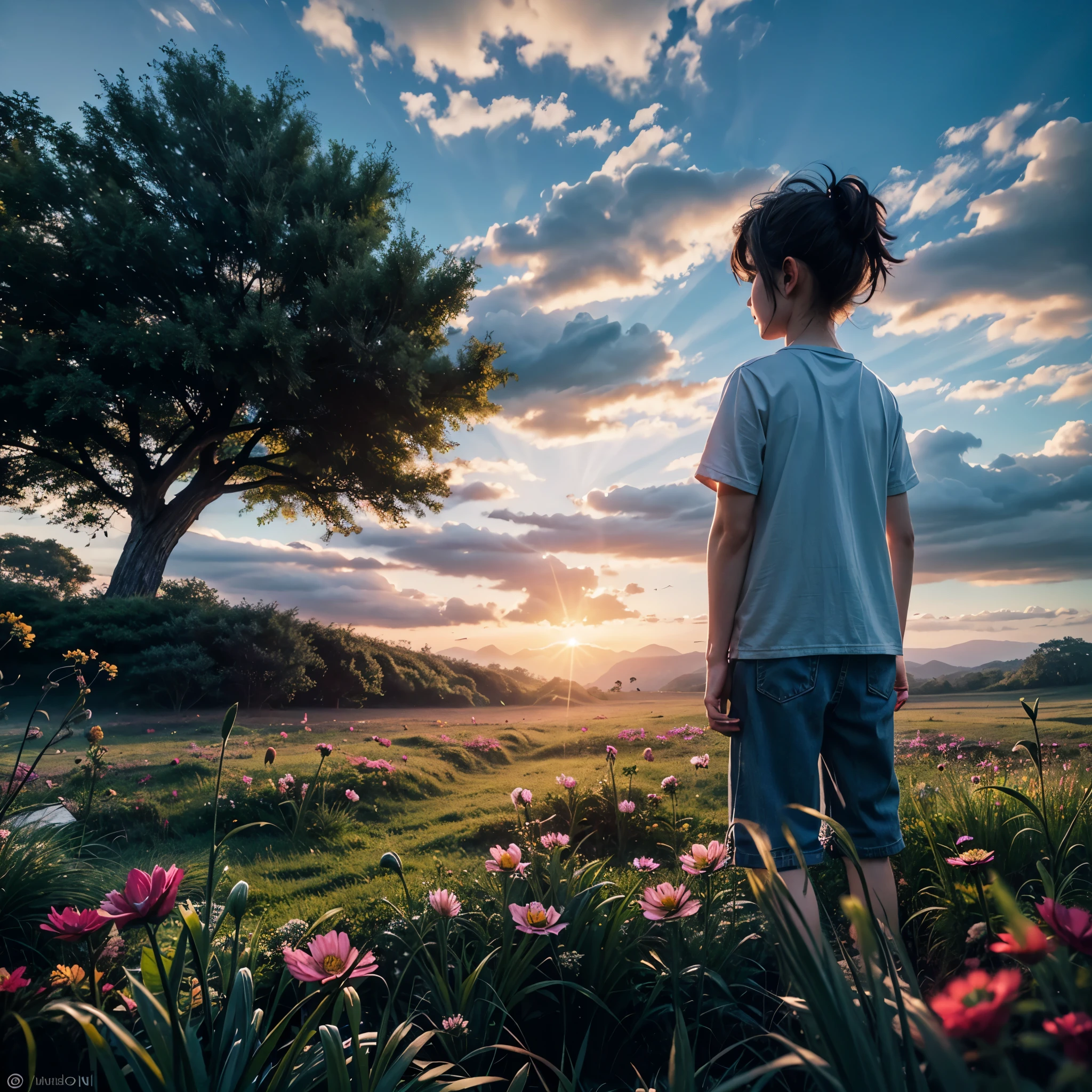 (highres,best quality,4k,ultra-detailed),a boy standing on the grass in the early morning, (realistic,photorealistic:1.37) blue sky, (gentle breeze, softly blowing flowers blossoming)