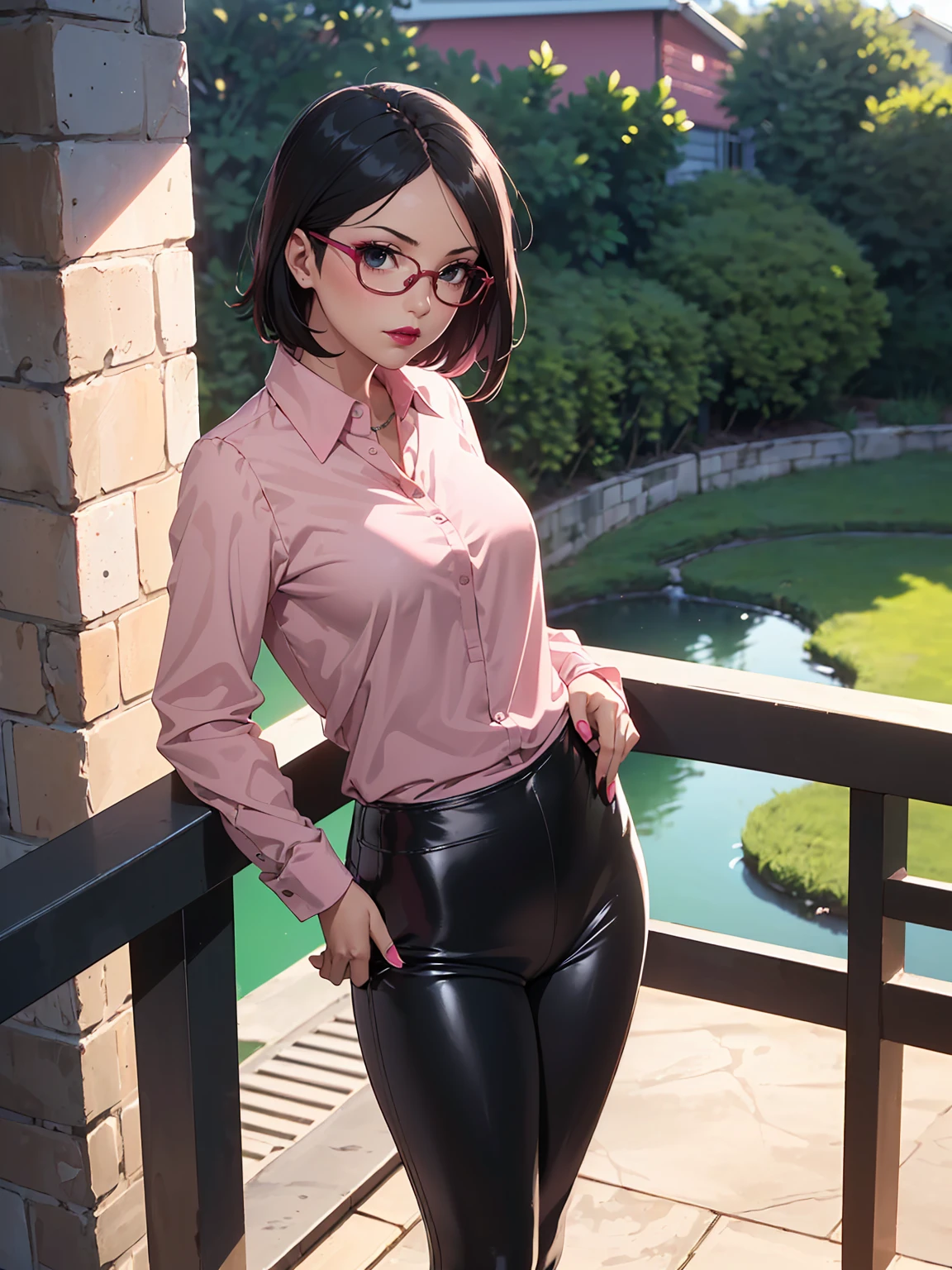 (1girl, solo, alone), (WakatsukiRisa, Sarada Uchiha, black hair, short hair, black eyes, red glasses), ((solo, (1woman, pink lipstick, (small breasts), black eyes), Extremely detailed, ambient soft lighting, 4k, perfect eyes, a perfect face, perfect lighting, a 1girl)), austere, ((black leather pants, (high heels, ((wool blouse, wool pink blouse, long sleeve blouse, pink wool blouse))), black leggings, leather pants, black pants, tight clothes, shiny leather, leather, leathery, farm, balcony, leaning on a balcony, leaning on the railing, leaning on the railing on a balcony, looking to the left, side perspective, admiring the landscape, farm background, pond))