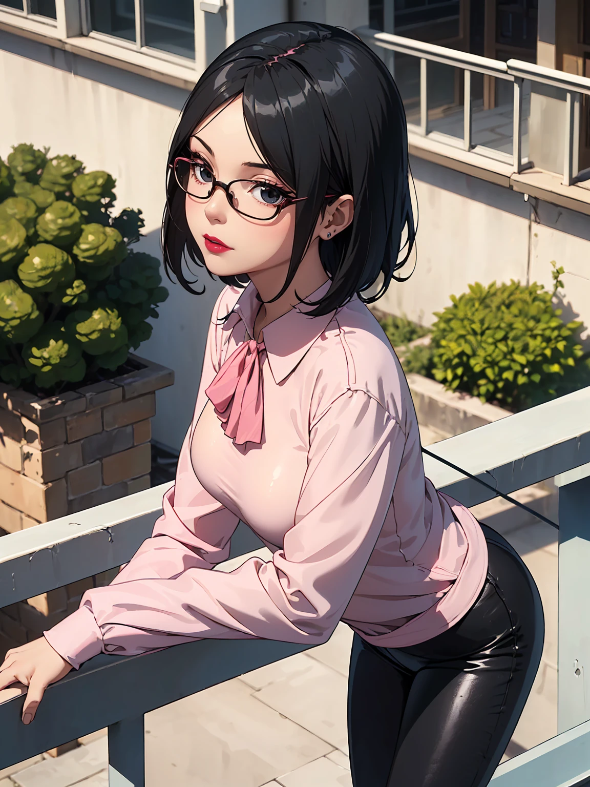 (1girl, solo, alone), (WakatsukiRisa, Sarada Uchiha, black hair, short hair, black eyes, red glasses), ((solo, (1woman, pink lipstick, (small breasts), black eyes), Extremely detailed, ambient soft lighting, 4k, perfect eyes, a perfect face, perfect lighting, a 1girl)), austere, ((black leather pants, (high heels, ((wool blouse, wool pink blouse, long sleeve blouse, pink wool blouse))), black leggings, leather pants, black pants, tight clothes, shiny leather, leather, leathery, farm, balcony, leaning on a balcony, leaning on the railing, leaning on the railing on a balcony, looking to the left, side perspective, admiring the landscape, farm background, pond))