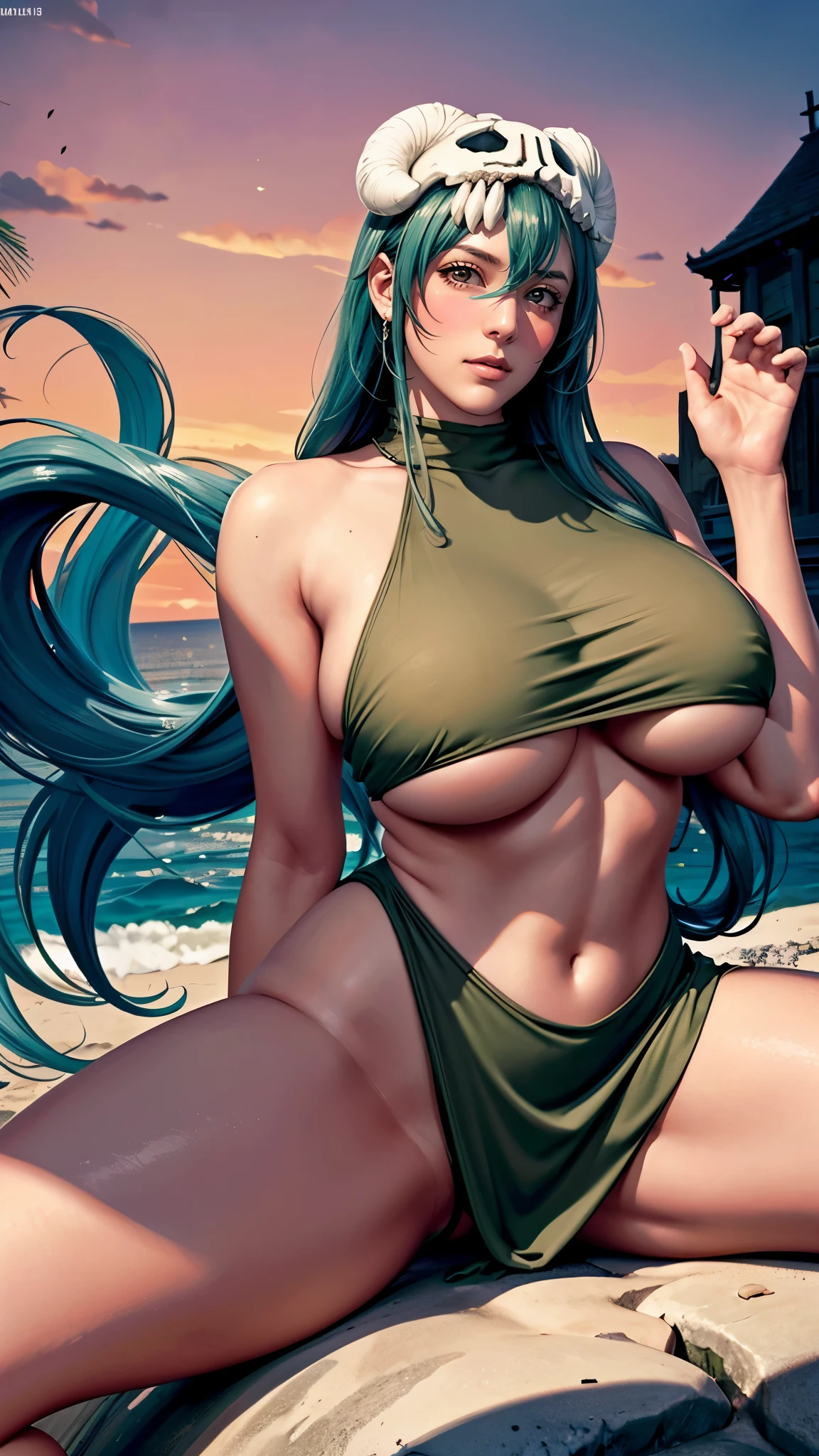 （（（完美figure，figure，odelschwanck，green clothes，（（（nel, long hair, facial mark, hair between eyes,  skull,skirt，yellow eyes，underboob,）））型figure:1.7））），((masterpiece)),high resolution, ((Best quality at best))，masterpiece，quality，Best quality，（（（ Exquisite facial features，looking at the audience,There is light in the eyes，Happy，lol））），（（（Interlacing of light and shadow，huge boobs））），（（（looking into camera，desert background，jack-o' challenge, flexible, spread legs, top-down bottom-up）））