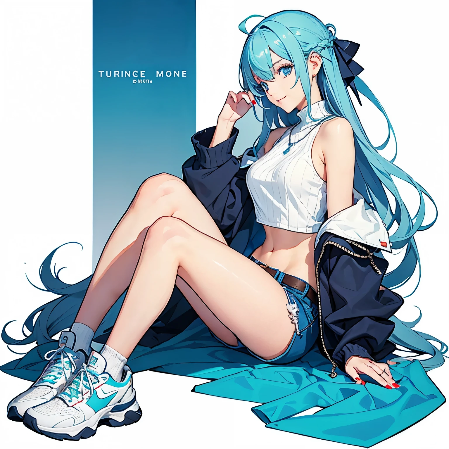 Invoke msw, best quality, single girl, solo, long hair, stockings, double tail, very long hair, shorts, simple background, white background, sitting, jacket, shoes, sneakers, looking at viewer, shirt, necklace, blue eyes , hair between eyes, belt, closed mouth, white shirt, nails, blue hair, hair decoration, ribbon, smile, aqua hair, full body, off shoulder, phone, long sleeves, nail polish, turtleneck, crop top, open sweater Hair band, eyelashes , Alternate outfit, bangs, watery eyes, transparent, open clothing, midriff, white shoes, embellishment, sleeveless, artist name, bare shoulders, collarbone, side locks, from the side, side view, ahoge, breasts, signature, sleeves My wrist past anime