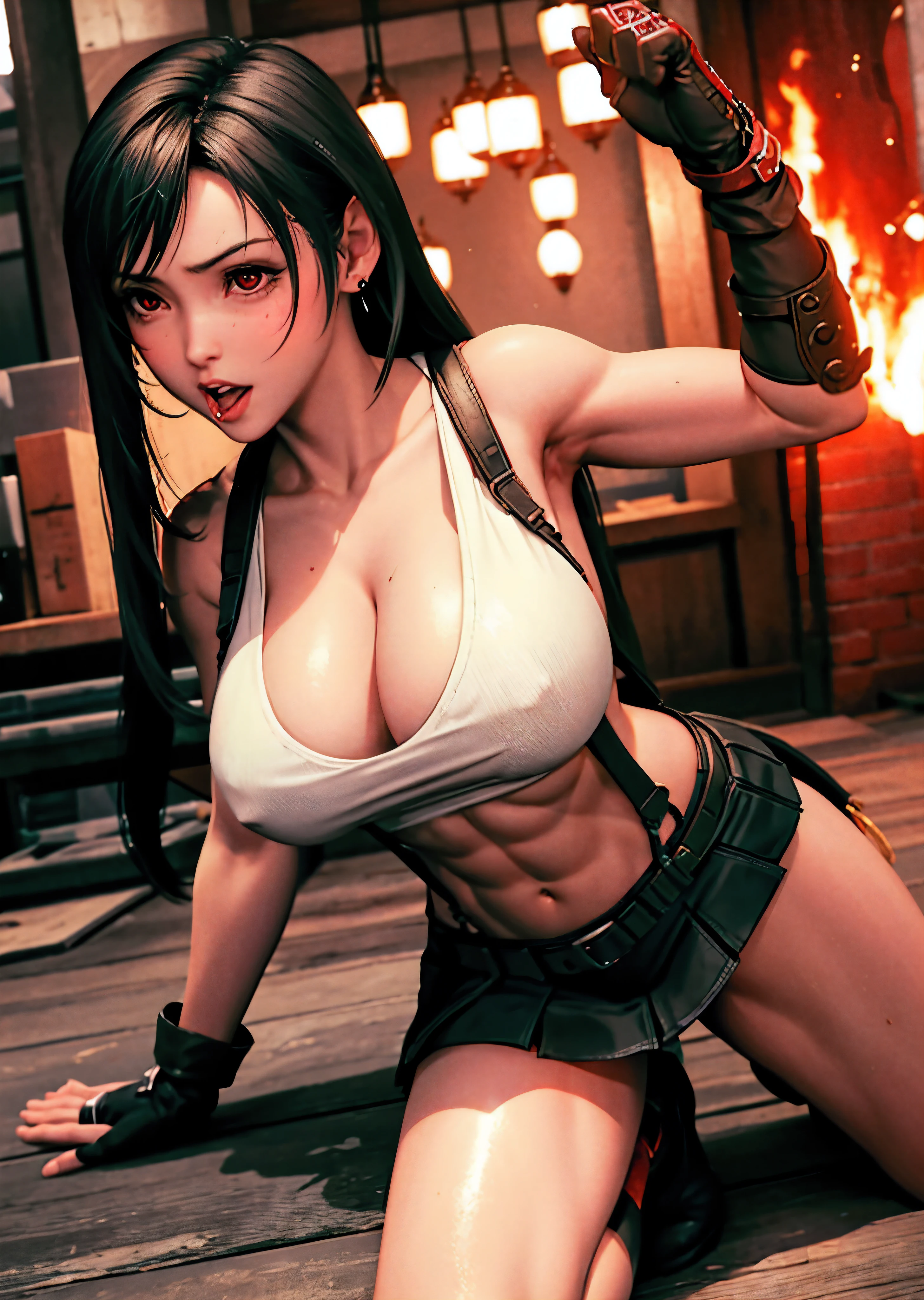 (realistic: 1.4), highest quality, very delicate and beautiful, High resolution, 1 girl, Tifa_lock heart, cowboy shot, suspenders, low rise, mini skirt, Tank top, nervous shirt, black hair, long hair, elbow bag, beautiful detailed red eyes, face light, movie lighting, belly button, High exposure, exposure of the abdomen, rib, abs, big breasts, dynamic pose, dynamic angle, (abs:1.3), (muscular:1.5), both arms behind head, spread legs, squatting, (ahegao:1.5), visible tongue, (naked:1.6), (cowgirl position:1.5)