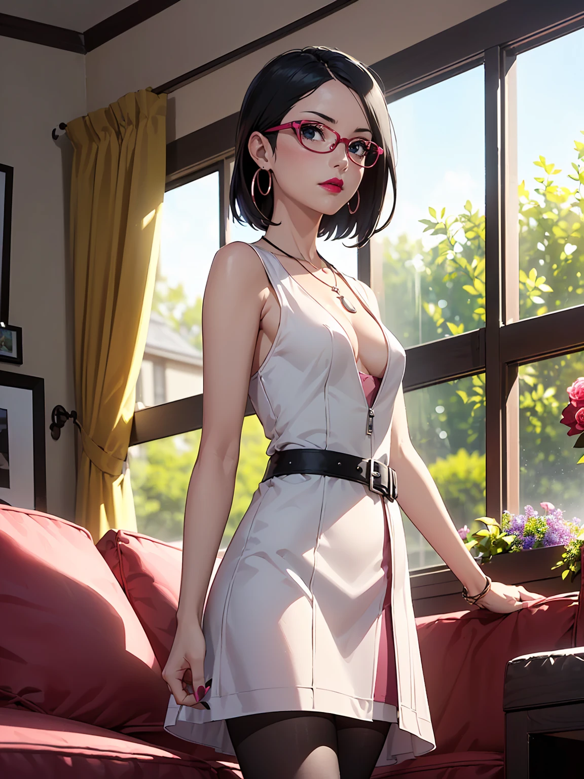 (1girl, solo, alone), (WakatsukiRisa, Sarada Uchiha, black hair, short hair, black eyes, red glasses), ((solo, (1woman, pink lipstick, (small breasts)), Extremely detailed, ambient soft lighting, 4k, perfect eyes, a perfect face, perfect lighting, a 1girl)), austere, (1woman, solo, alone, woman, pink lipstick, wrist watch, wedding ring, hoop earrings, pendant necklace, ((white dress, ((sheath derss)), short dress), light green belt, black tights),(arrogant), majestic posture, majestic weight), ((solo, (1woman, pink lipstick, seen from the front), Extremely detailed, ambient soft lighting, 4k, perfect eyes, a perfect face, perfect lighting, a 1girl)), ((standing, living room, decorated room, large window, flower garden, tree-lined garden))