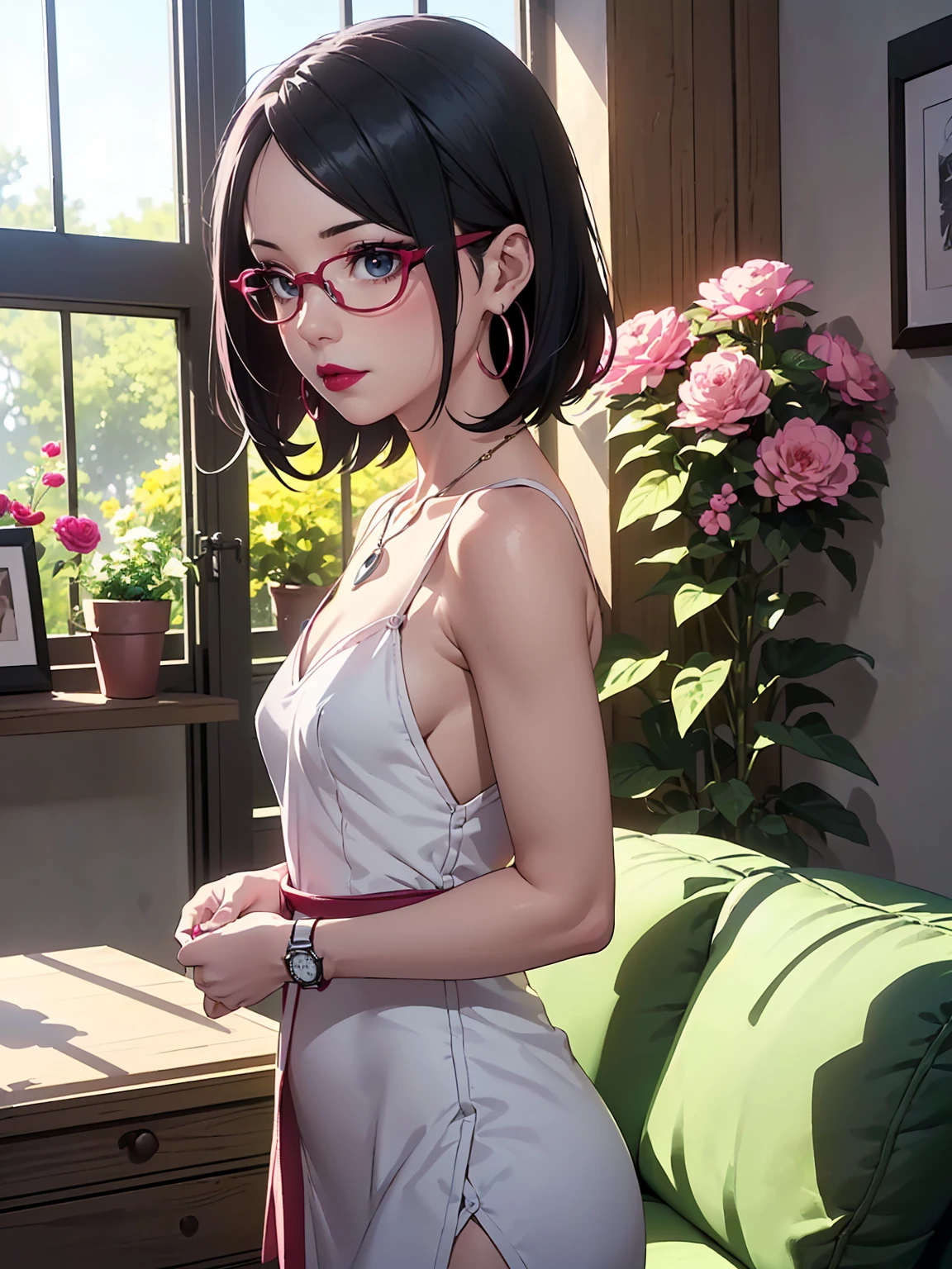 (1girl, solo, alone), (WakatsukiRisa, Sarada Uchiha, black hair, short hair, black eyes, red glasses), ((solo, (1woman, pink lipstick, (small breasts)), Extremely detailed, ambient soft lighting, 4k, perfect eyes, a perfect face, perfect lighting, a 1girl)), austere, (1woman, solo, alone, woman, pink lipstick, wrist watch, wedding ring, hoop earrings, pendant necklace, ((white dress, ((sheath derss)), short dress), light green belt, black tights),(arrogant), majestic posture, majestic weight), ((solo, (1woman, pink lipstick, seen from the front), Extremely detailed, ambient soft lighting, 4k, perfect eyes, a perfect face, perfect lighting, a 1girl)), ((standing, living room, decorated room, large window, flower garden, tree-lined garden))