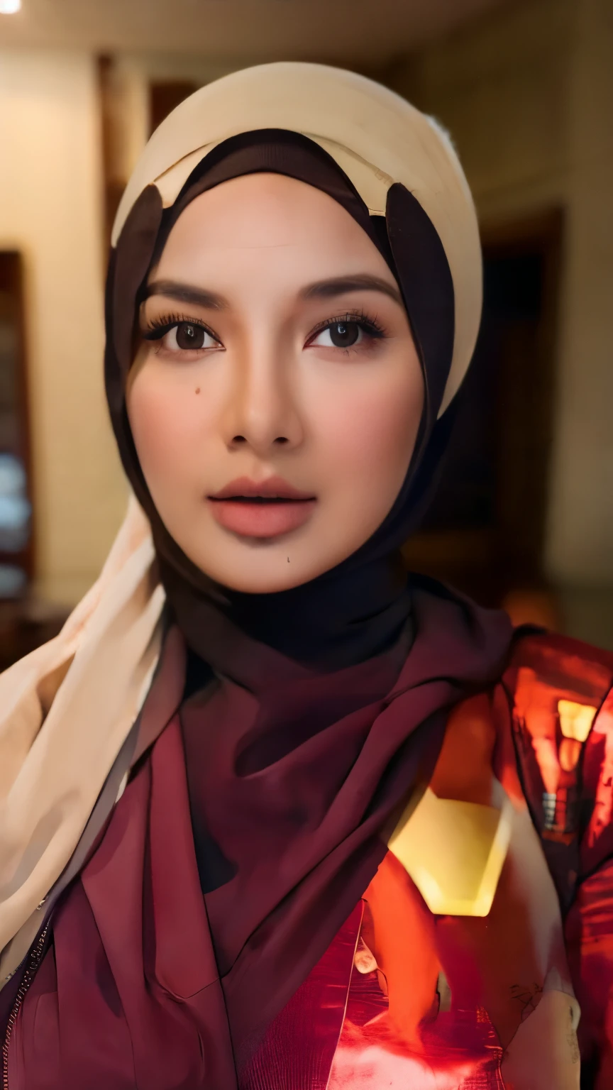 Woman body set big breasts, Iron man costume dress, wearing hijab, RAW, Masterpiece, Ultra Fine Photo,, Best Quality, Ultra High Resolution, half body photo, Photorealistic, detailed face, high detailed skin, realistic skin details, high quality, 8k uhd, dslr camera