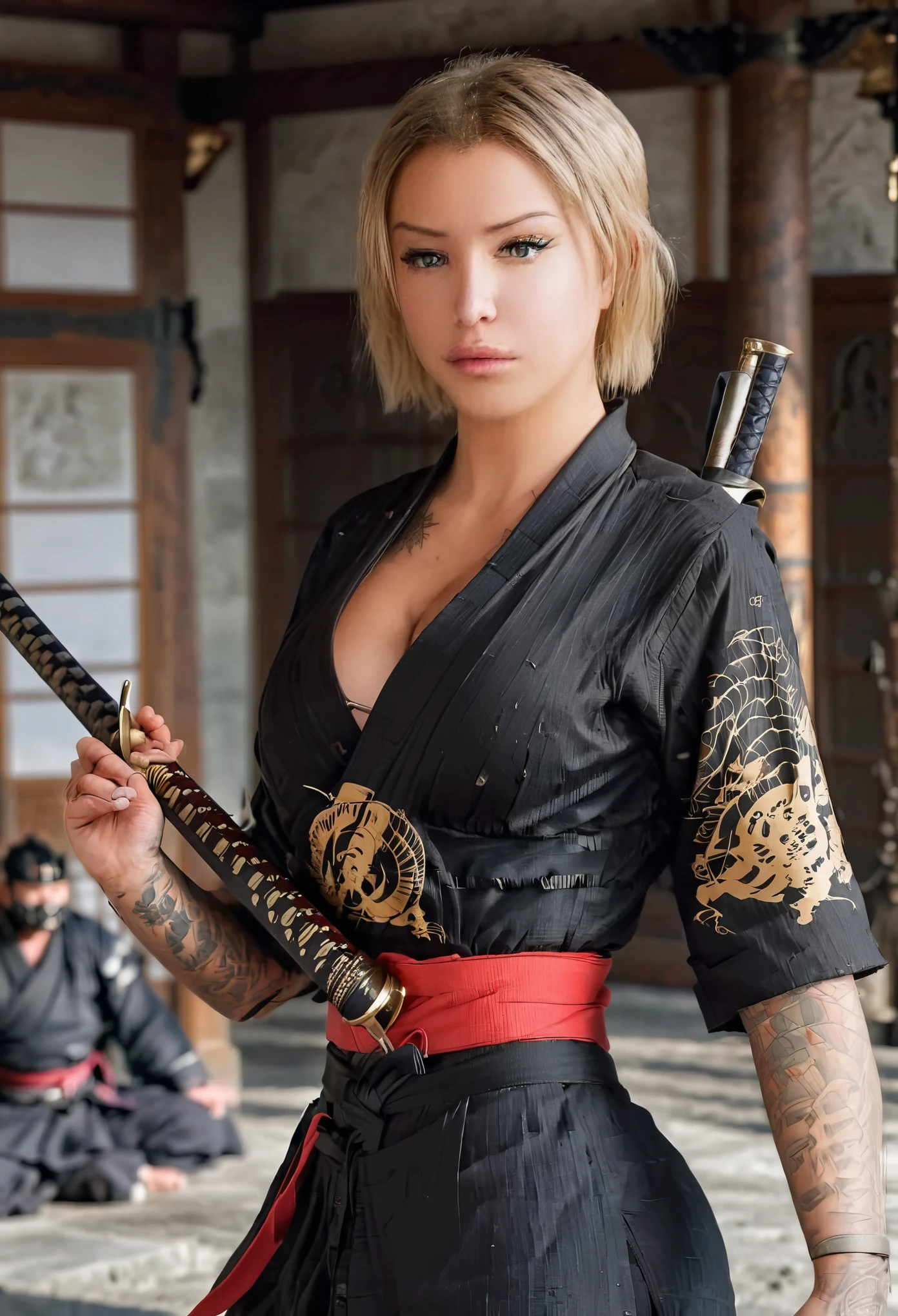 full body image, Young Laurence Bedard, female, ************, blond short hair,cute face, in samurai armor and a samurai sword in her hand, fighting pose, against the backdrop of medieval Japan, 8k rendering,High contrast,realism, 