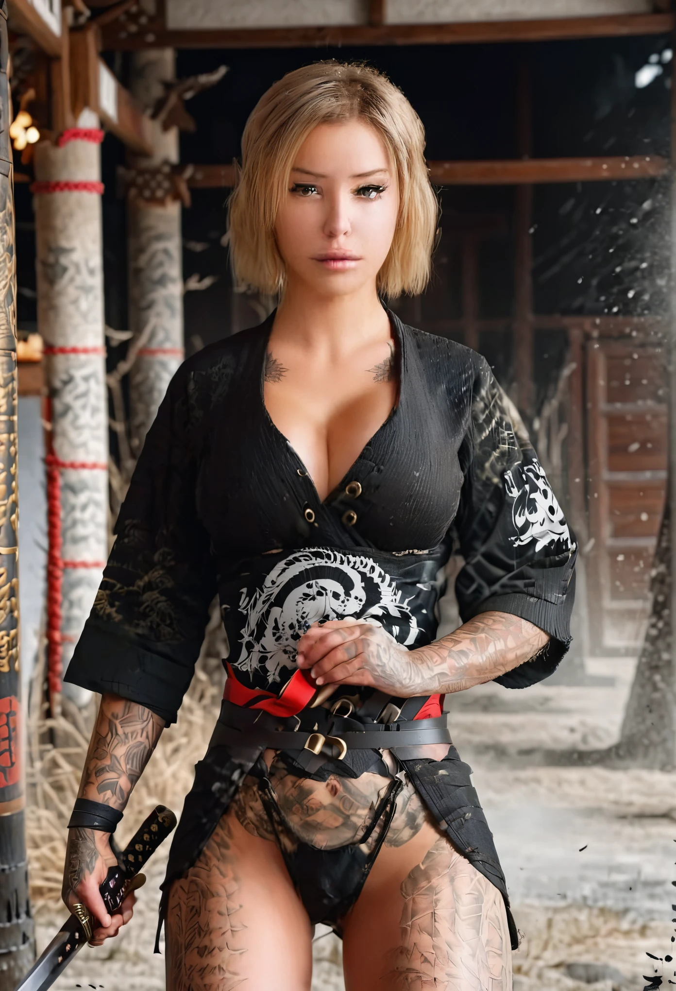 full body image, Young Laurence Bedard, female, 16 years old, blond short hair,cute face, in samurai armor and a samurai sword in her hand, fighting pose, against the backdrop of medieval Japan, 8k rendering,High contrast,realism, 