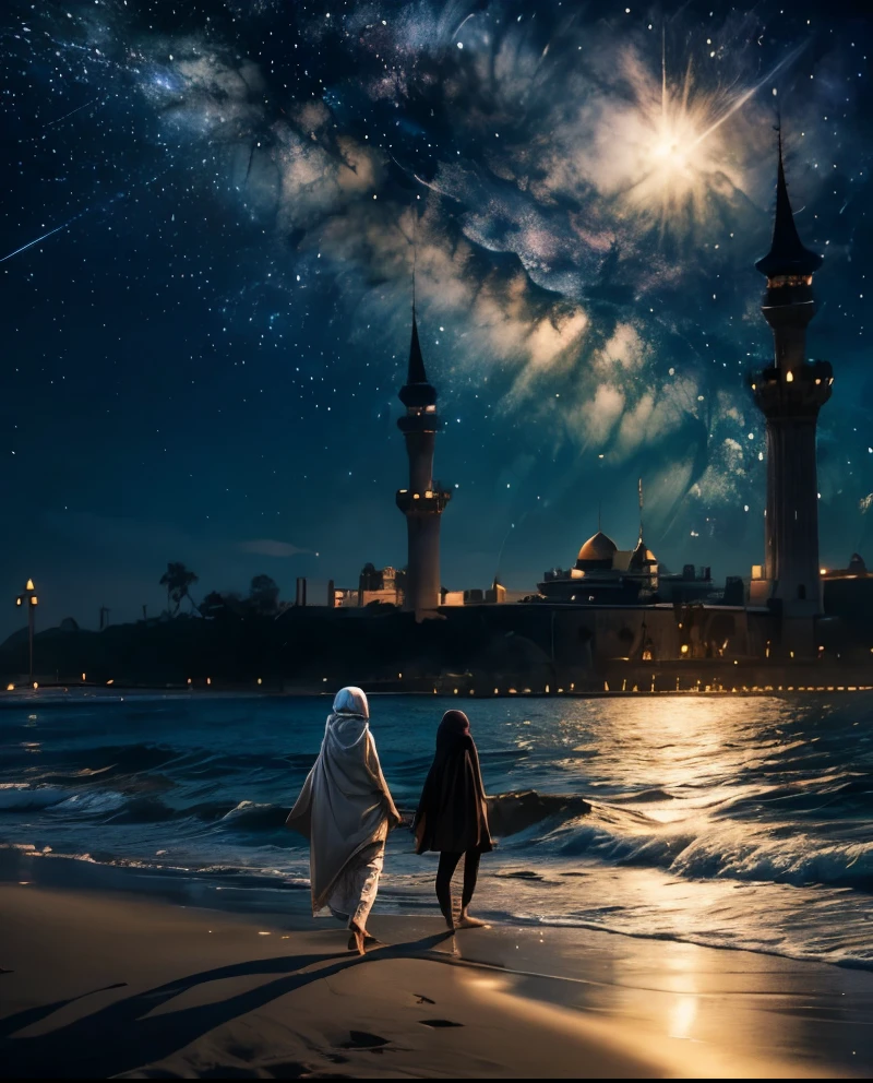 Muslin Man Walking on the Beach at Night with a Mosque in the Background (8k Stunning Artwork, Concept Art Wallpaper 4k, Inspired by Andreas Rocha and Cyril Rolando)

A muslin man, dressed in traditional clothing, takes a serene stroll along the shoreline as the night sky comes alive with a million stars. In the background, the majestic silhouette of a mosque, its minarets reaching out towards the heavens, adds a sense of tranquility to the scene. The water's edge, teeming with small ripples and waves, merges seamlessly with the dark waters of the sea. The sand under the