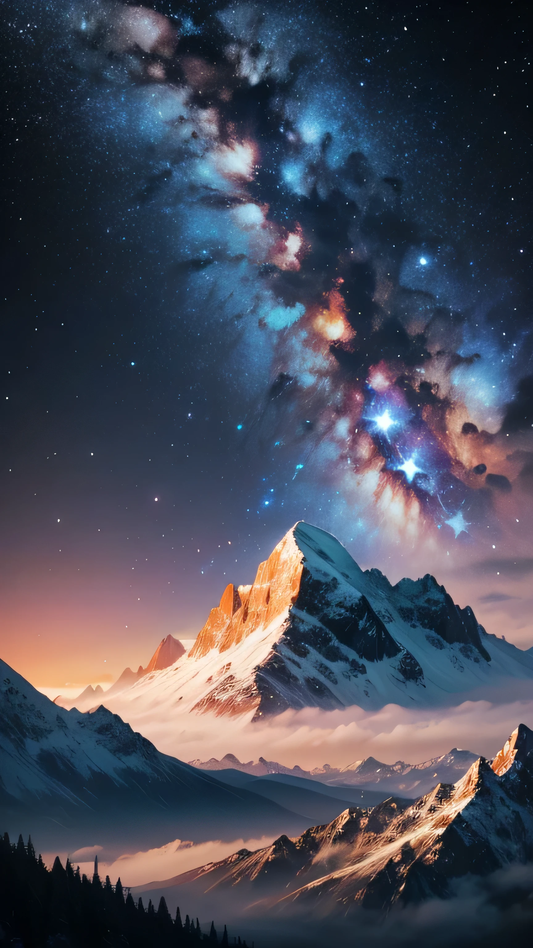 mountain, forest, milky way galaxy, cosmic, high quality, 8k, close up, super detail