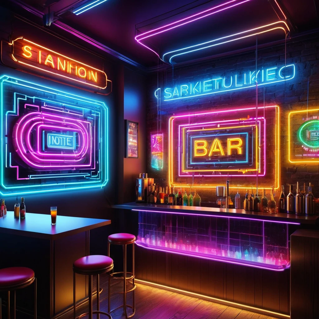 Create a captivating visual representation of a neon sign hanging on the wall, with vibrant neon colors drawing the image. The fusion of modern art and science fiction shines brightly, casting a lively and colorful glow over the dark background. Transparent lines intertwine, illuminating the digital masterpiece with intricate details and energy. The masterpiece sparkles with beautiful light grains, adding a magical effect to the POP illustration elements. Draw with thick lines that gleam in the 8K picture quality, making every detail familiar and beautiful to behold.