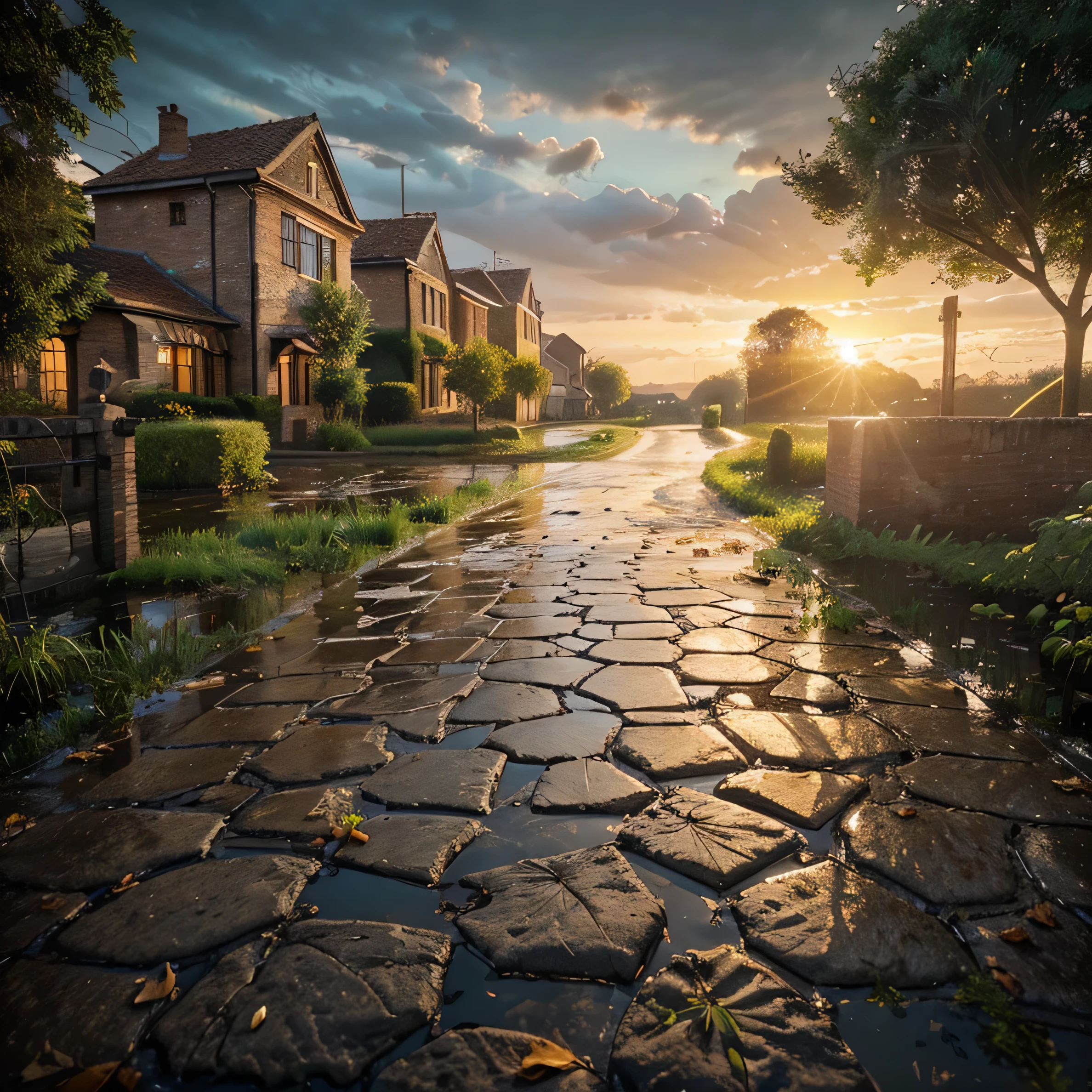 A pressed brick path slightly wet, puddles of water, scattered dry leaves, green plant vegetation, background of small Renaissance-era houses, dusk sky, sunset with stunning light effects, realistic, cinematic