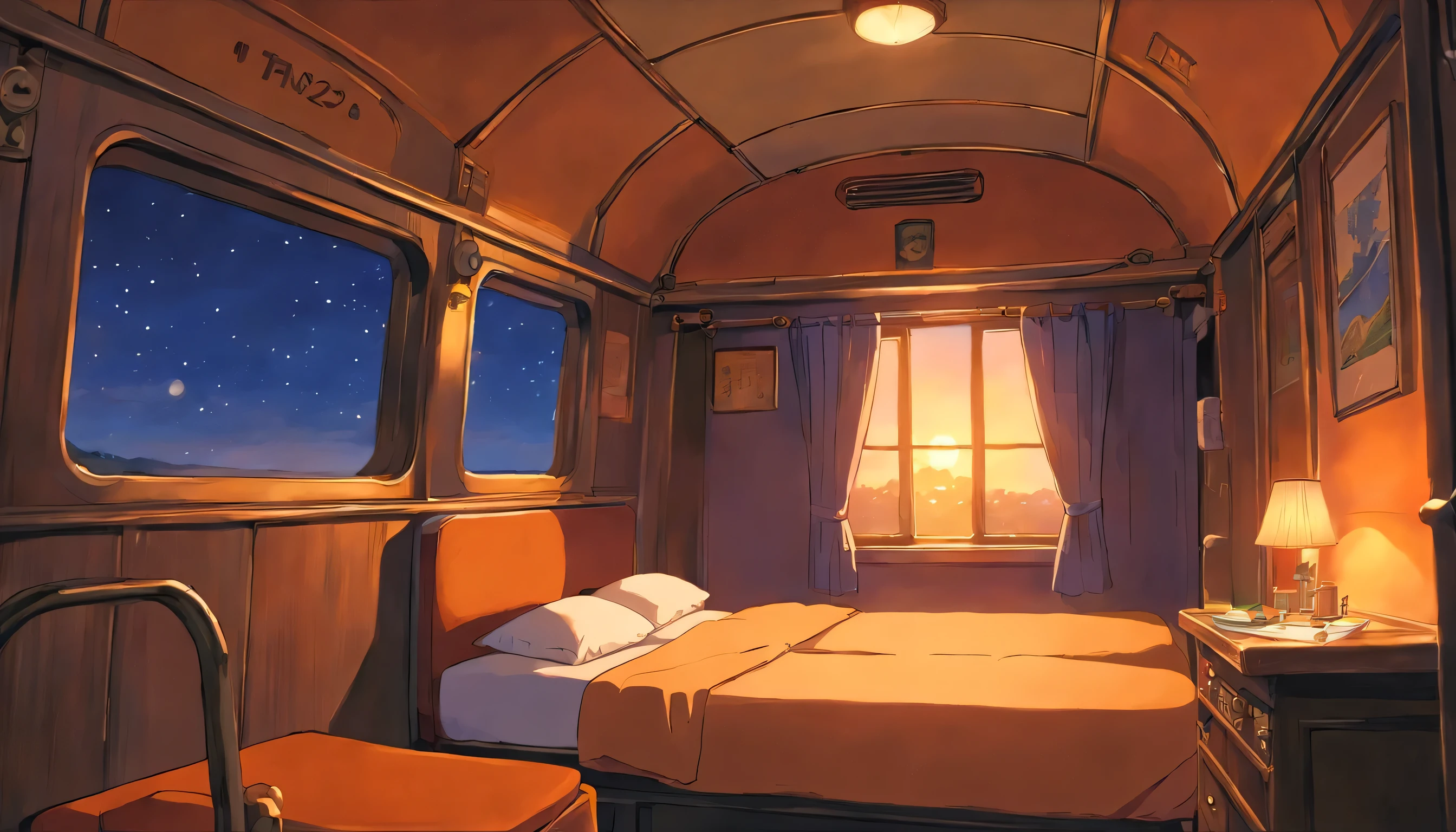 A Cozy room inside a train, comfy bed, window and its night time outside, dim orange light, dark outside, very cozy room inside the train.