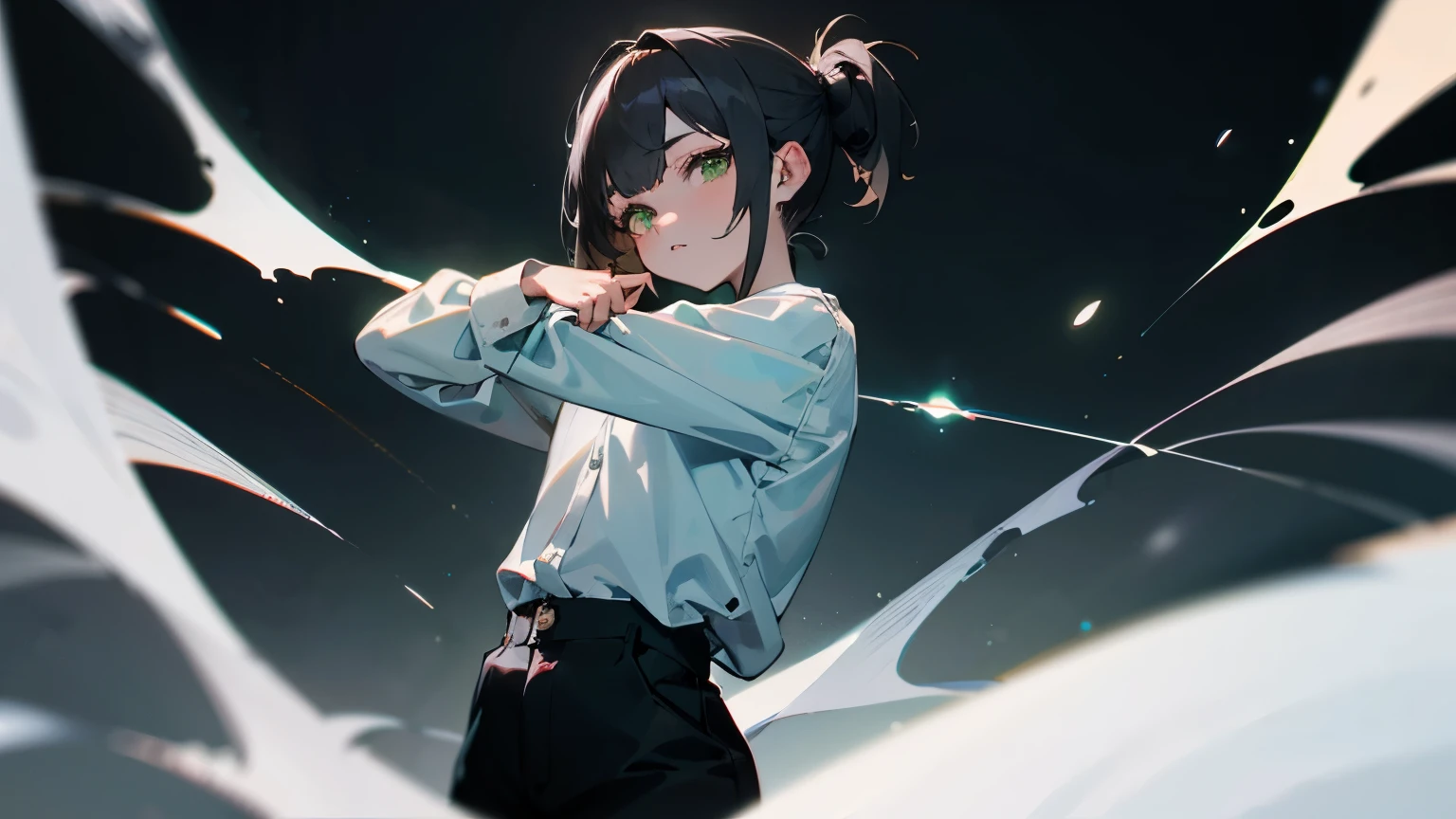 1girl, black ponytail hair, green eyes, wearing plain white long sleeve shirt, black pants, high res, ultraSharp, masterpiece, looking at viewer