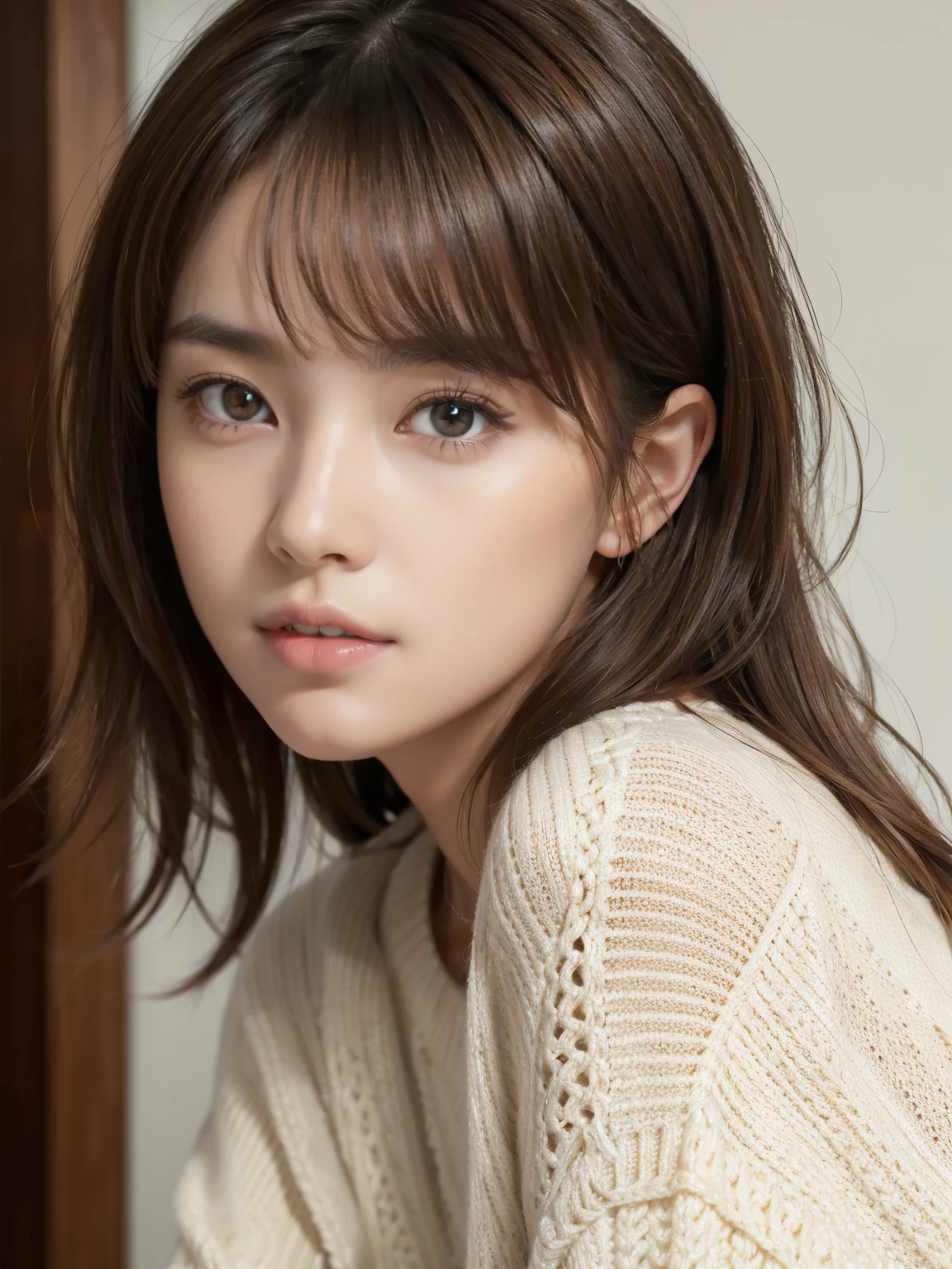 (masterpiece:1.4), (8k, photorealistic, RAW photo, best quality: 1.3), (1 japanese girl), beautiful face, (realistic face), (medium hair, messy hair, asymmetrical bangs, brown hair, messy hair style, ), beautiful hairstyle, realistic eyes, beautiful detailed eyes, (realistic skin), beautiful skin, (sweater), absurdres, attractive, ultra high res, ultra realistic, highly detailed, golden ratio