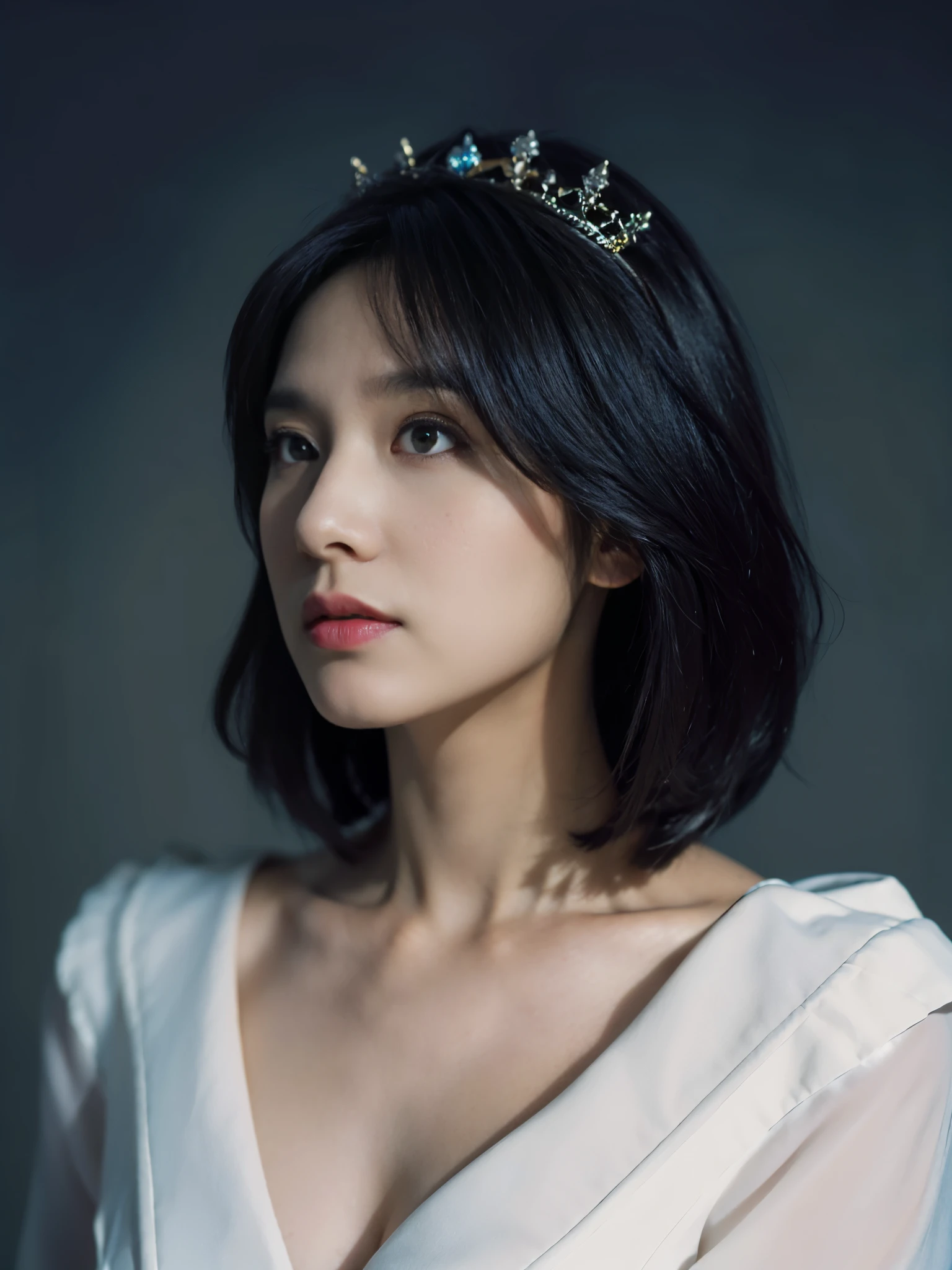 Best quality at best,tmasterpiece,ultra high resolution,(realness:1.4),RAW photogr,Cinematic texture,1 cool girl,Tall and tall，Dressed for official regal photo，official royalty portrait with the plain background，looks away from camera，official regal photoshoot, black bob hair, gorgeous eyes