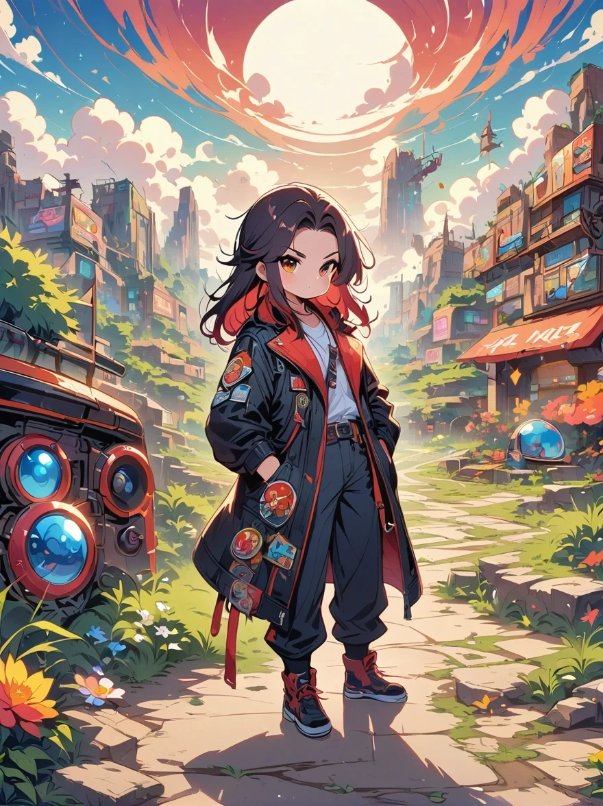 wasteland desperado, Red hair, black leather jacket, patch, retrofuturism, fall out, Over 50 years old