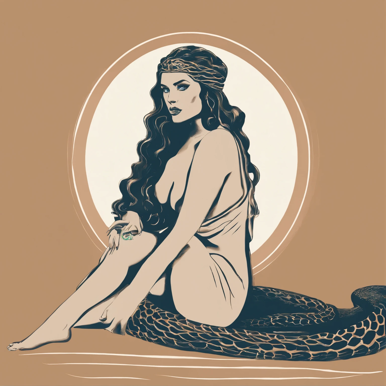 Vector illustration of full body goddess with snake hair "medusa" beautiful woman medieval engraving style, tattoo cyberpunk colors