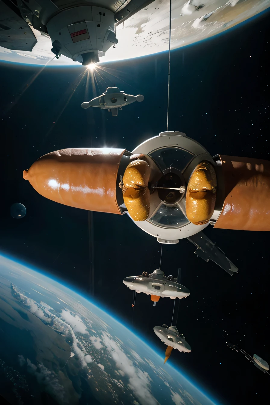 glan-shaped spaceship in space raining hot dogs