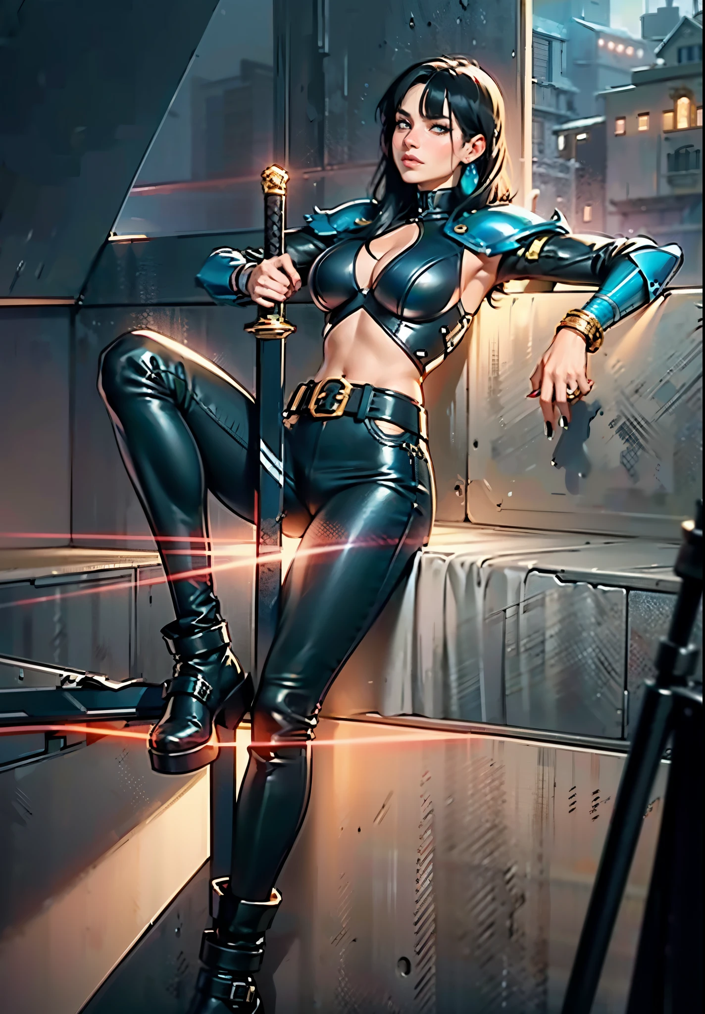 A beautiful woman with long shiny black hair, choppy bangs, a delicate face, a cold proud gaze, a fit figure, a fantasy-style high-necked leather breastplate top, sleeveless, exposes her waist, a bracelet adorns her wrist, tight-fitting leather pants, her right hand holds a longsword with a blue scabbard, she lounges casually sitting, this character embodies a finely crafted fantasy-style bounty hunter in anime style, exquisite and mature manga art style, high definition, best quality, highres, ultra-detailed, ultra-fine painting, extremely delicate, professional, anatomically correct, symmetrical face, extremely detailed eyes and face, high quality eyes, creativity, RAW photo, UHD, 32k, Natural light, cinematic lighting, masterpiece-anatomy-perfect, masterpiece:1.5