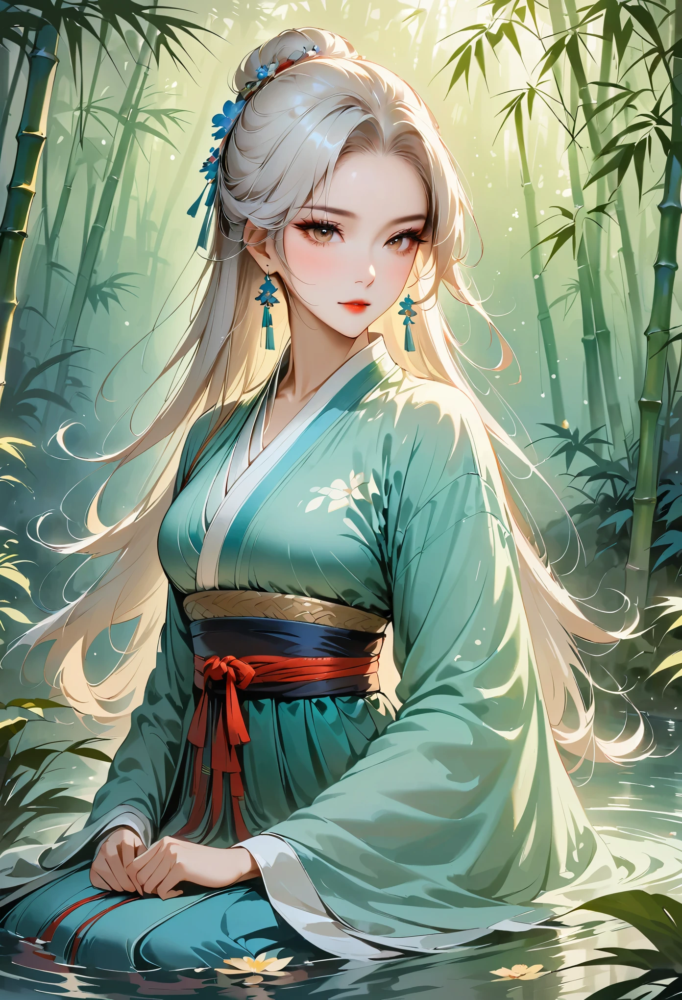 (masterpiece, best quality:1.2), female general，white hair,  hanfu，elegant，Ink martial arts style, nighttime,bamboo forest,moonlight,reflecting pond,luminous glow,mysterious atmosphere,serene tranquility,silvery shadows,rustling breeze,rays of moonlight filtering through rustling bamboo leaves,peaceful ambiance,dappled moonlight on the water,calm water surface,ripples of moonlight on the water,enchanted forest,faint sound of crickets chirping,subtle flickering light,ethereal beauty,celestial calm,sublime simplicity