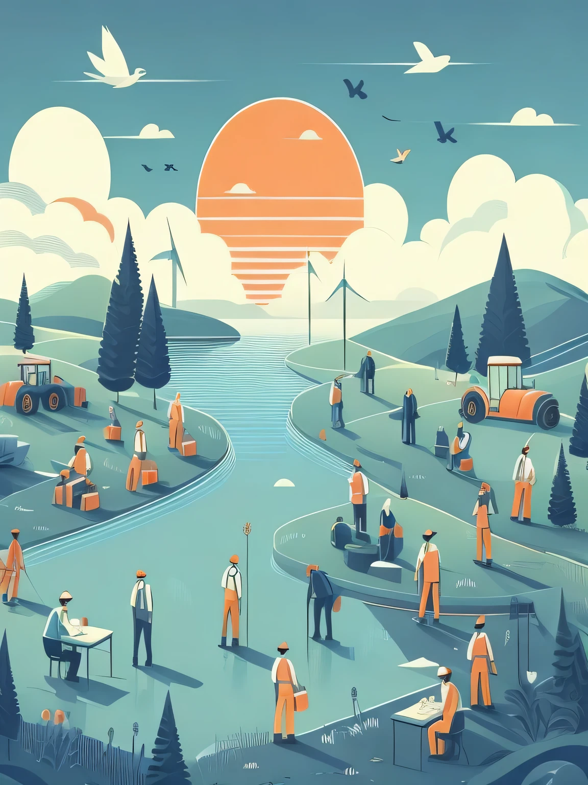 illustration of a group of people working on a river with a windmill in the background, by Ivan Generalić, commercial illustration, illustration style, inspired by Ivan Generalić, beautifully illustrated, editorial illustration, simple and clean illustration, flat illustration, an illustration, whole page illustration, a beautiful artwork illustration, full page illustration, portfolio illustration, detailed 2d illustration