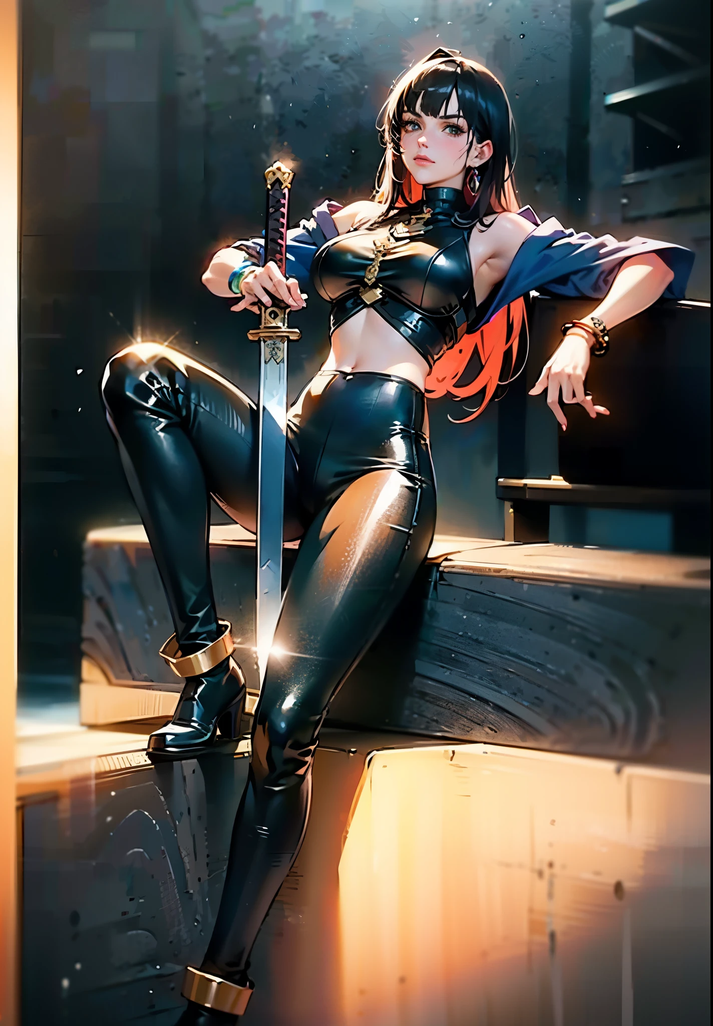 A beautiful woman with long shiny black hair, choppy bangs, a delicate face, a cold proud gaze, a fit figure, a fantasy-style high-necked leather breastplate top, sleeveless, exposes her waist, a bracelet adorns her wrist, tight-fitting leather pants, her right hand holds a longsword with a blue scabbard, she lounges casually sitting, this character embodies a finely crafted fantasy-style bounty hunter in anime style, exquisite and mature manga art style, (Alexandra Daddario:1.2), high definition, best quality, highres, ultra-detailed, ultra-fine painting, extremely delicate, professional, anatomically correct, symmetrical face, extremely detailed eyes and face, high quality eyes, creativity, RAW photo, UHD, 32k, Natural light, cinematic lighting, masterpiece-anatomy-perfect, masterpiece:1.5