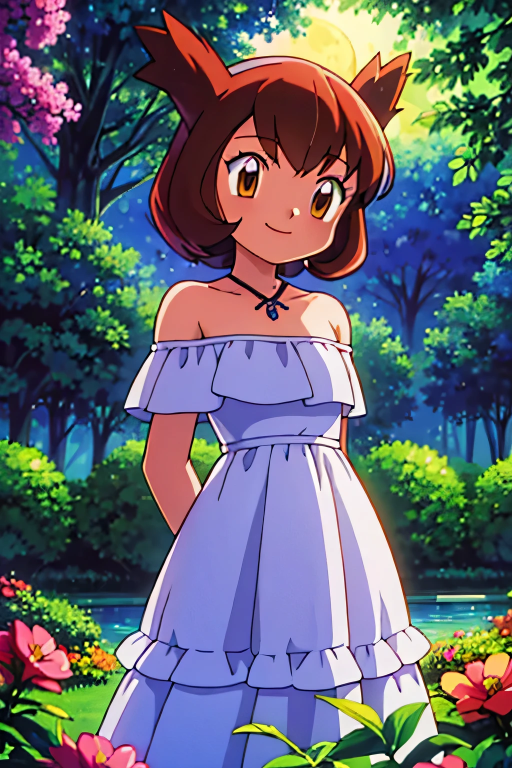 masterpiece, best quality, ultra-detailed, illustration, beautiful detailed eyes, very detailed illustration, cinematic lighting, 1 girl, solo, Pokemon Heroes (Bianca), Brown Hair, brown eyes, 1 girl, solo, bare shoulders, strapless, off shoulders, ruffle off the shoulder top, white maxi dress, intricate details, sharp focus, high resolution, the background of beautiful garden with a forest of flowers, on a beautiful night, full moon, smile, standing near a water pool on the bottom, arms behind back, anime style, ultra-detailed, hdr, far at the bottom, in the center, Close up