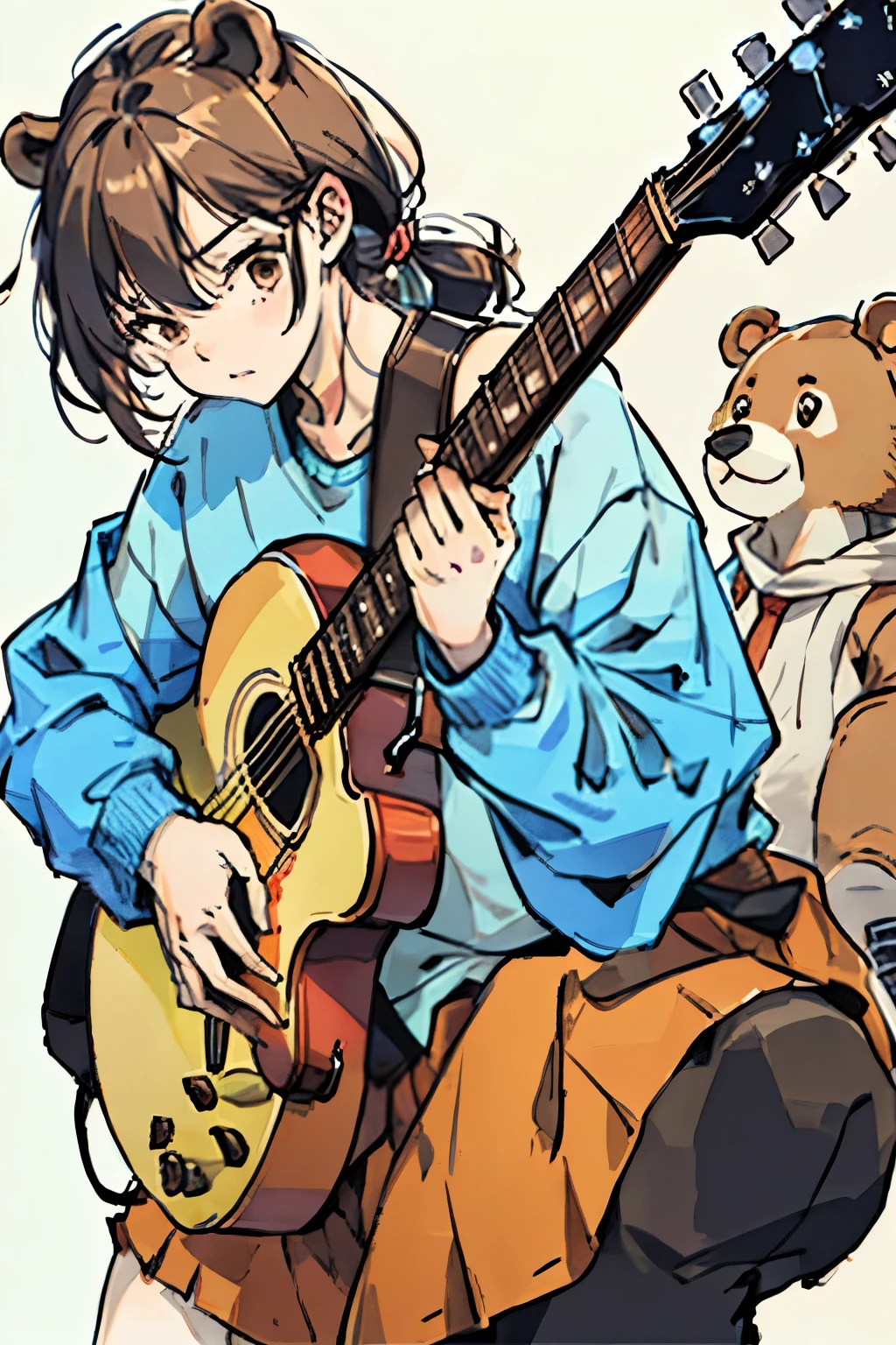 A brown bear playing guitar cartoon illustration transparent background