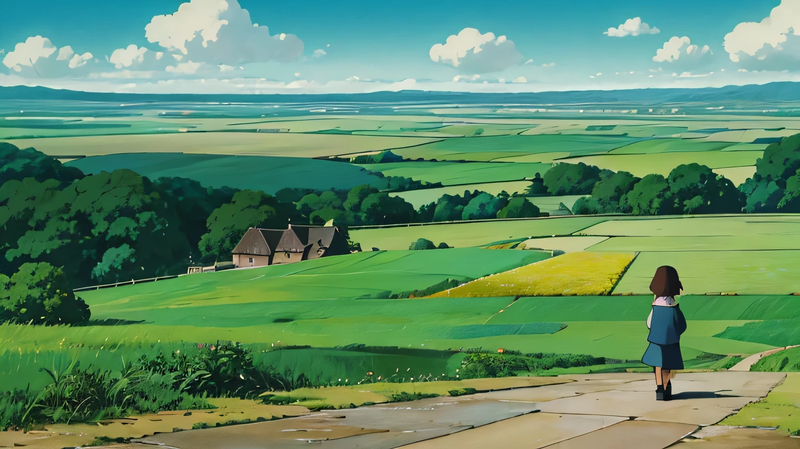 and soul、sky landscape with clouds、landscape without buildings、You can feel the touch of the brush.、Studio ghibli、ghibli、after the rain、the ground is wet、sight、style、Golden Time、skyline、