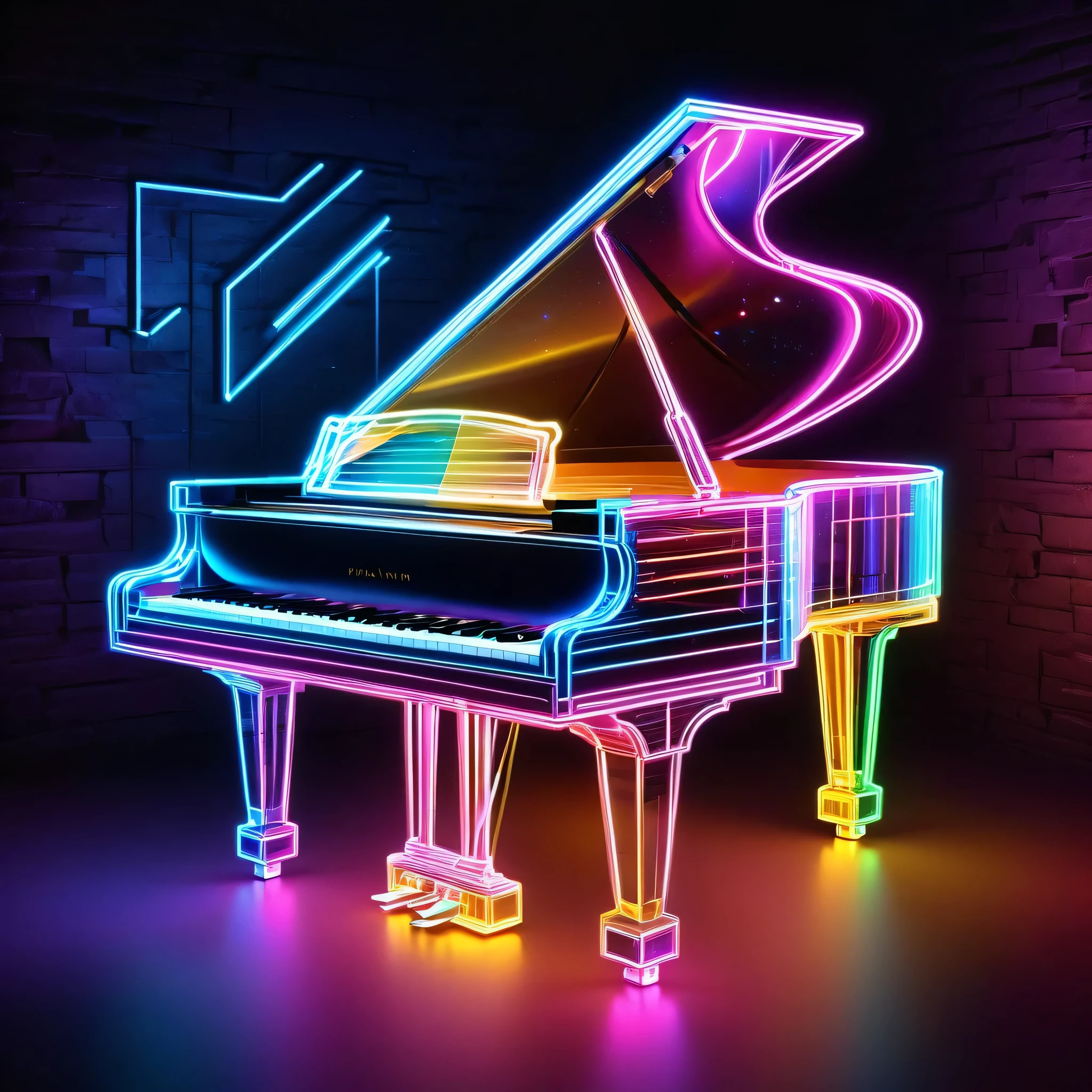 neon sign hanging on the wall, draw in neon colors ((Illustration of a piano drawn with lines)): Note: ♪, transparent, Three dimensions, light, SF, Digital art, Digital, scientific, dark background: electronic circuit: draw in neon colors, 3D, masterpiece, Digital space, energy, beautiful, masterpiece, 8K, light, be familiar with, lively, colorful, nice, beautiful, rich colors, beautiful Light Lines. magic effect, Sparkling, beautiful Light Grains