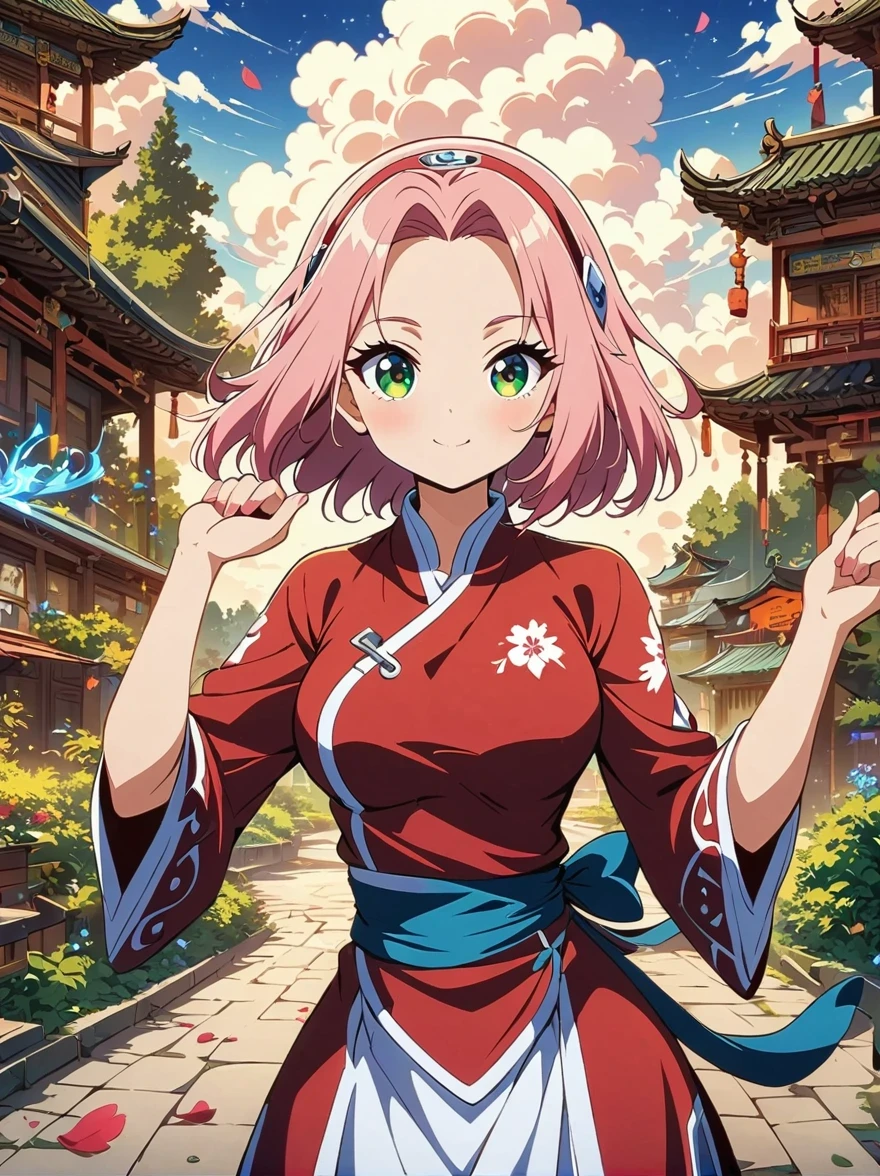 Anime girl with pink hair and green eyes posing for photo, Haruno Sakura, best anime 4k konachan wallpapers, seductive anime girl, Kitagawa Marin fan art, Sakura petals surround her, splash ink art anime , anime style 4k, Anime cute art style, High quality anime art style, Detailed anime artwork, anime wallpaper, Anime Best Girls