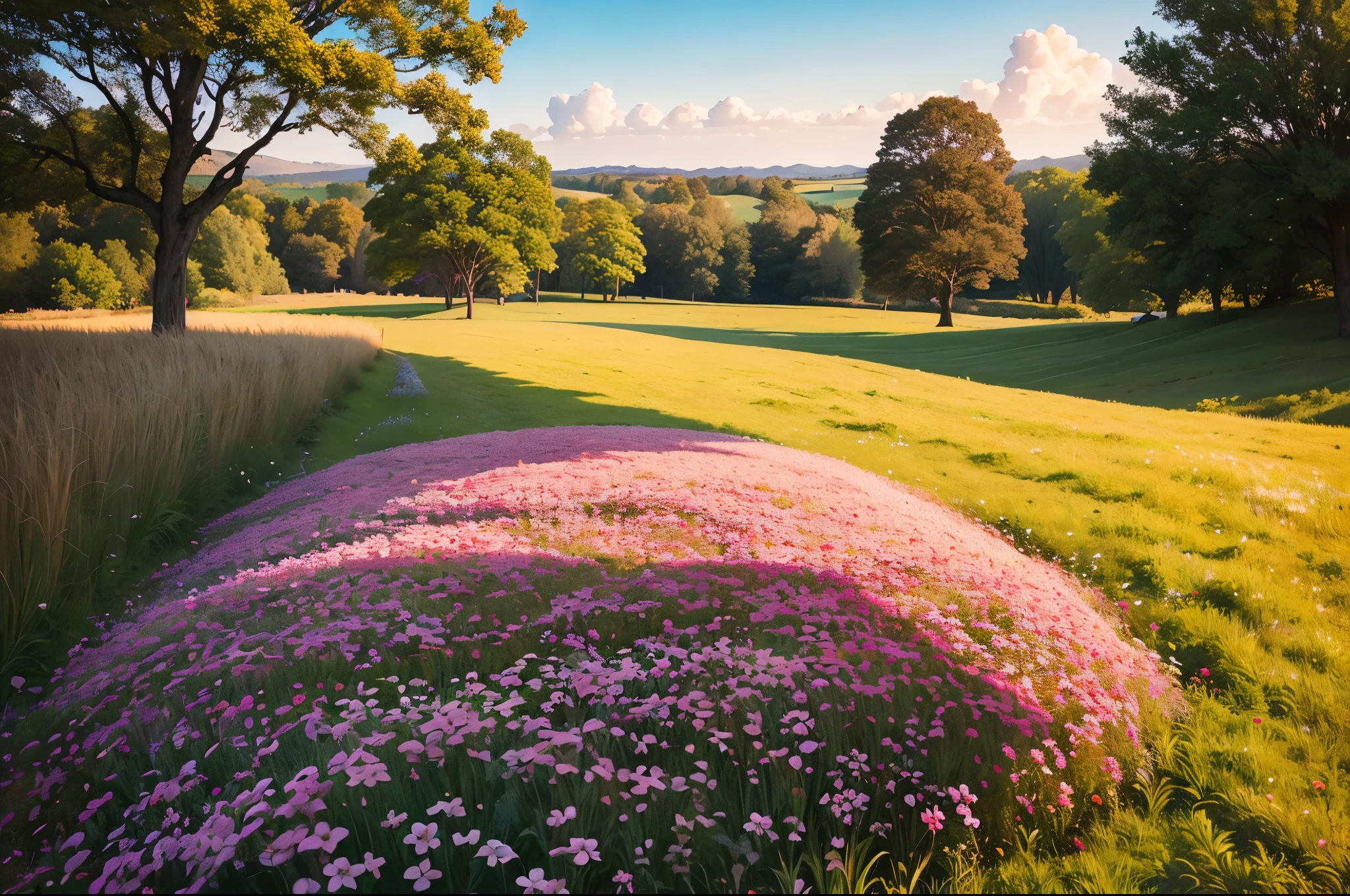 (no human), (masterpiece), (high detail), (highest resolution), {scenery}, cinematic lighting, realistic, CG 4K wallpaper, painting of a field of wildflowers with a sky background, summer meadow, in a meadow, serene field setting, summer field, wildflowers and grasses, field flowers, detailed soft painting, meadow flowers, meadow, by John Clayton, meadows, soft sepia tones, meadow with flowers, in a field, pastel painting, peaceful scene, sunny meadow, nature paintings, calming atmosphere, depth of field, volumetric color