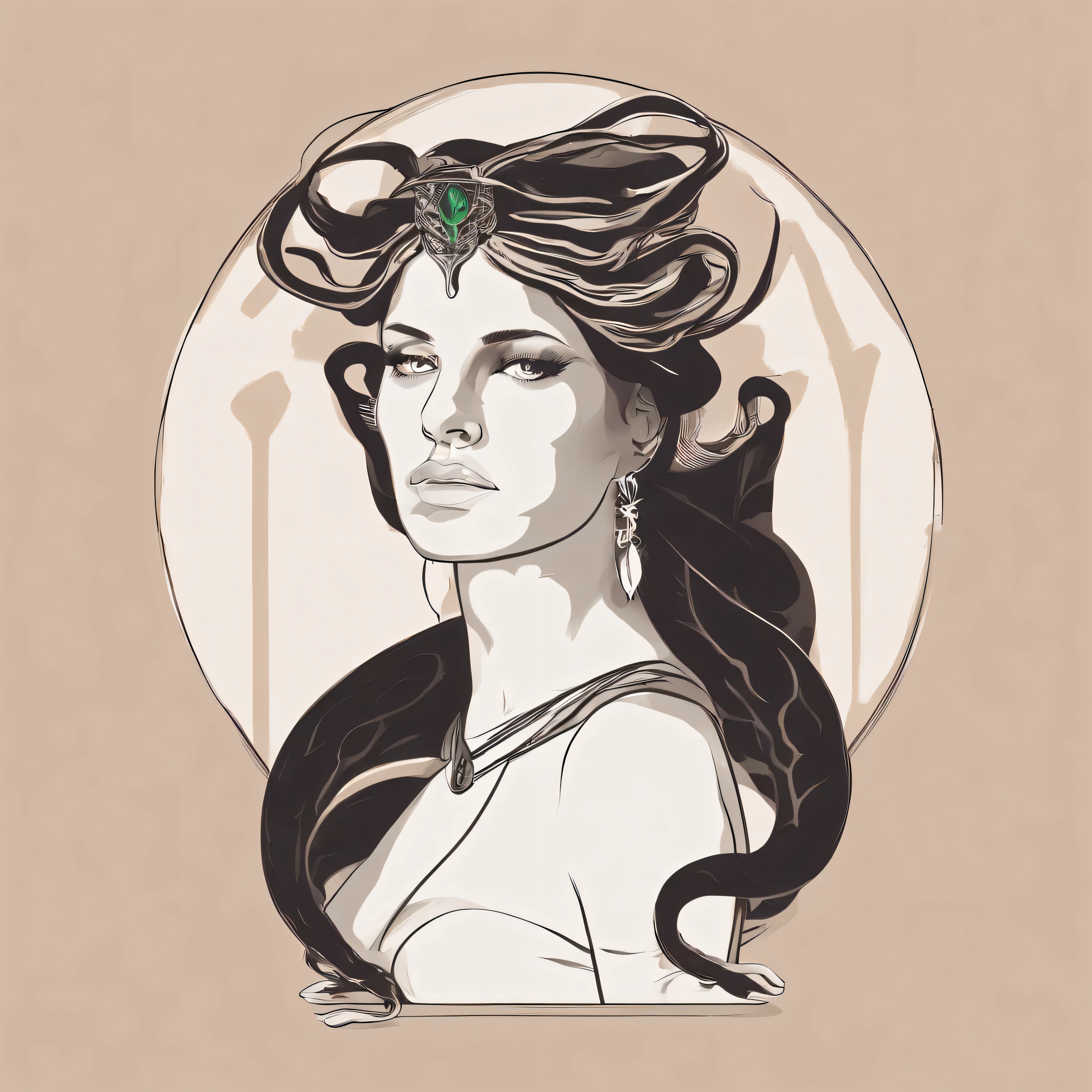 Vector illustration of full body goddess with snake hair "medusa" beautiful woman medieval engraving style, tattoo cyberpunk colors