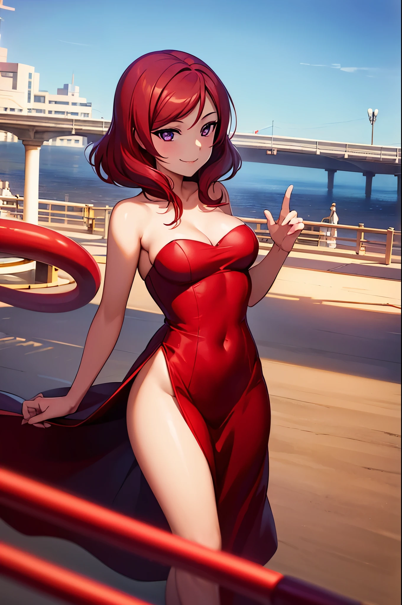 (Masterpiece, Best Quality, High Quality), volumetric lighting, illustration, beautiful,red tube dress,solo, seductive, perfect lighting, perfect shadows, nishikino maki, purple eyes,red hair, closed mouth, smile, sunlight, outdoors , strapless