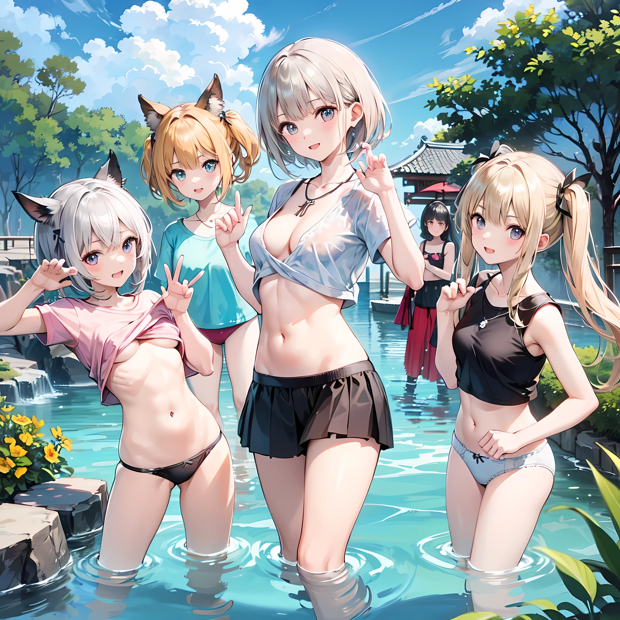 ((highest quality)), ((masterpiece)), (3 girls:1.5), cute three girls are posing for a camera , (in the water), (Lifting SHIRT:1.3), (Three people stand side by side), (close up shot:1.2), (open your mouth and laugh:1.3), (topless), nipples, (very small skinny panties),hair band, headband, hair bobbles, blouse, shirt, (high definition face), (high definition fingers), Asian, Westerner, silver hair, brown hair, blond hair, (navel), jewelry, looking at viewer, necklace, long hair, short hair, (abs),