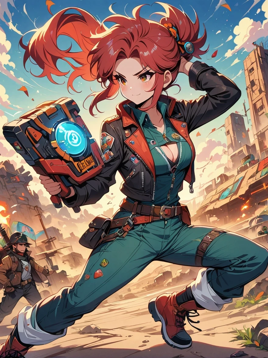 wasteland desperado, Red hair, black leather jacket, patch, retrofuturism, fall out, Over 50 years old
