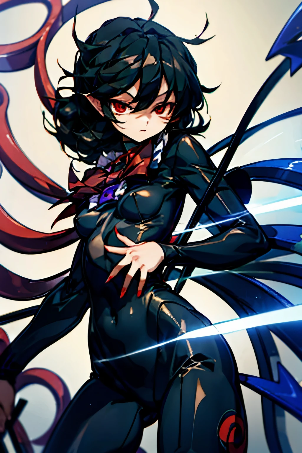 1girl, Touhou, Houjuu Nue, black bodysuit, The suit has a red line