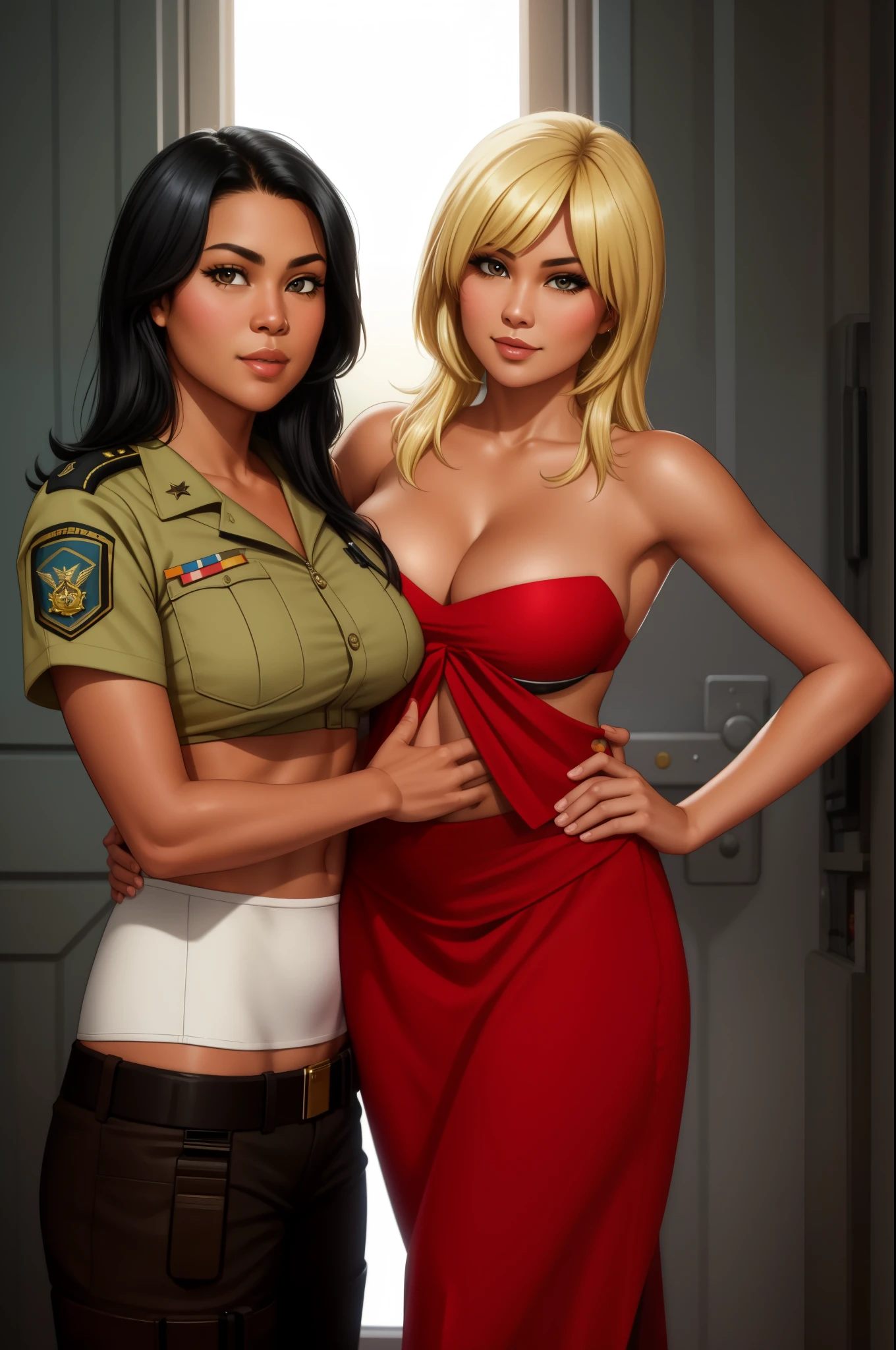 Lt. Sharon 'Boomer' Valerii and Number Six, Hawaiian woman with black hair, gorgeous blonde Russian woman, sexual tones, midriff, navel